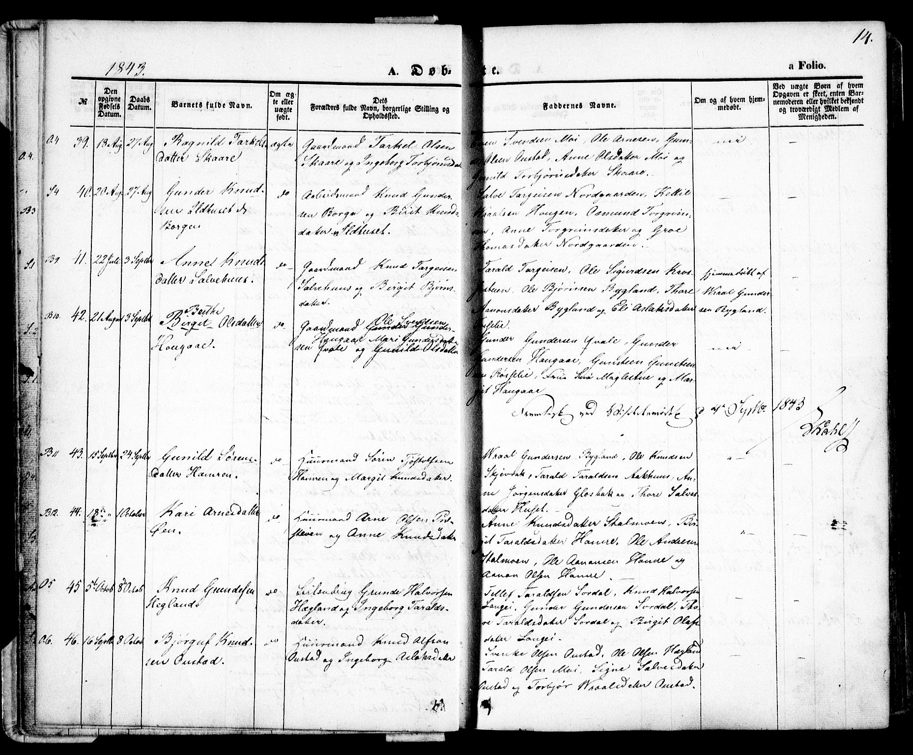 Bygland sokneprestkontor, AV/SAK-1111-0006/F/Fa/Fab/L0004: Parish register (official) no. A 4, 1842-1858, p. 14