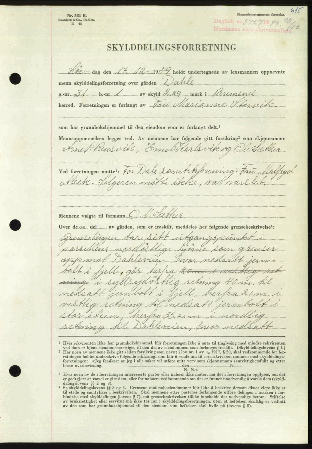 Nordmøre sorenskriveri, AV/SAT-A-4132/1/2/2Ca: Mortgage book no. A113, 1949-1950, Diary no: : 3727/1949