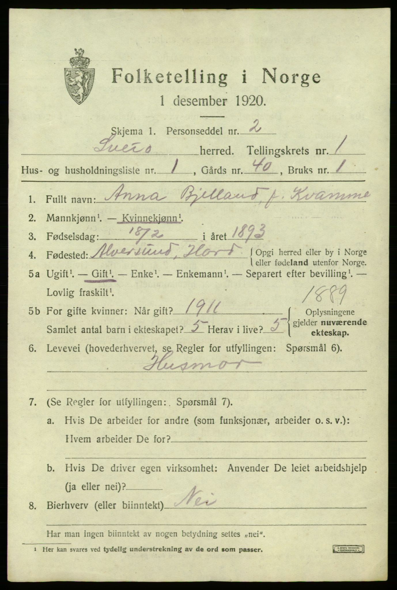 SAB, 1920 census for Sveio, 1920, p. 724