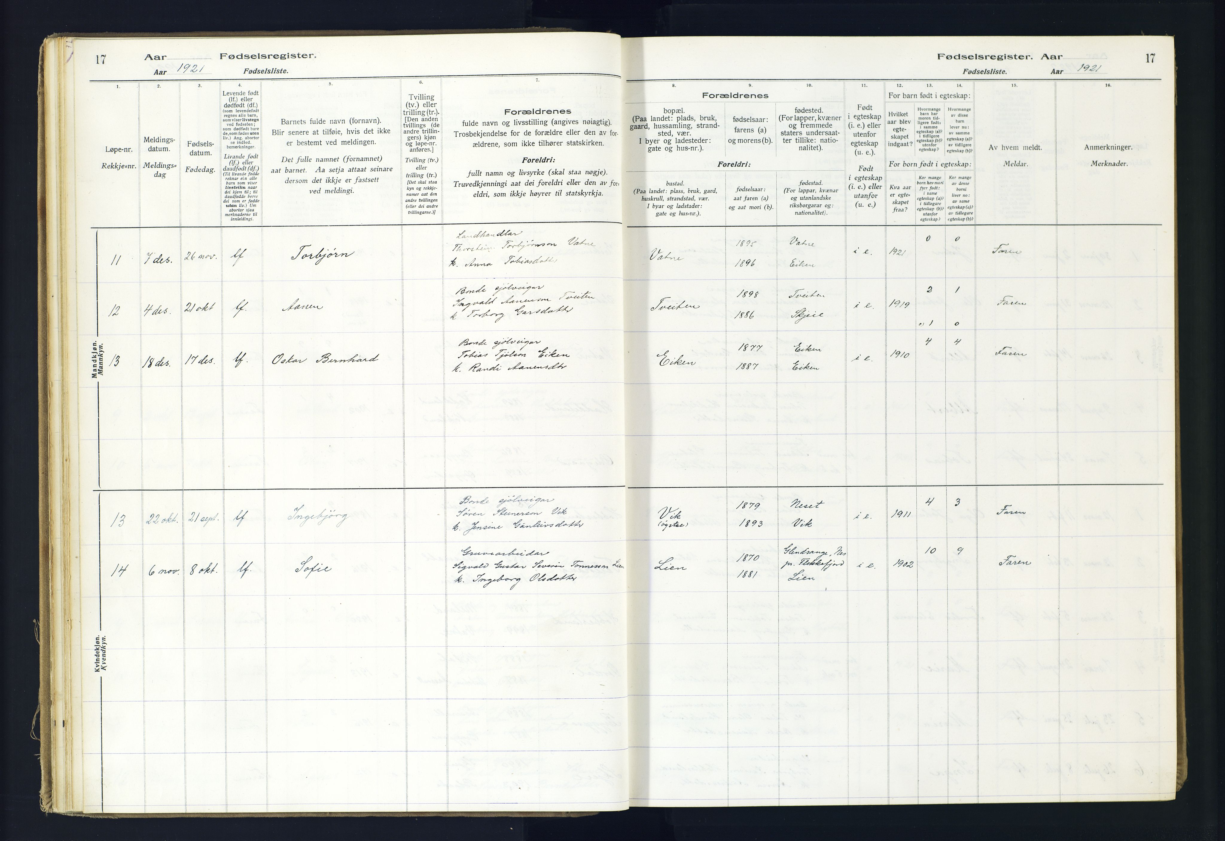Hægebostad sokneprestkontor, AV/SAK-1111-0024/J/Ja/L0002: Birth register no. II.6.8, 1916-1982, p. 17