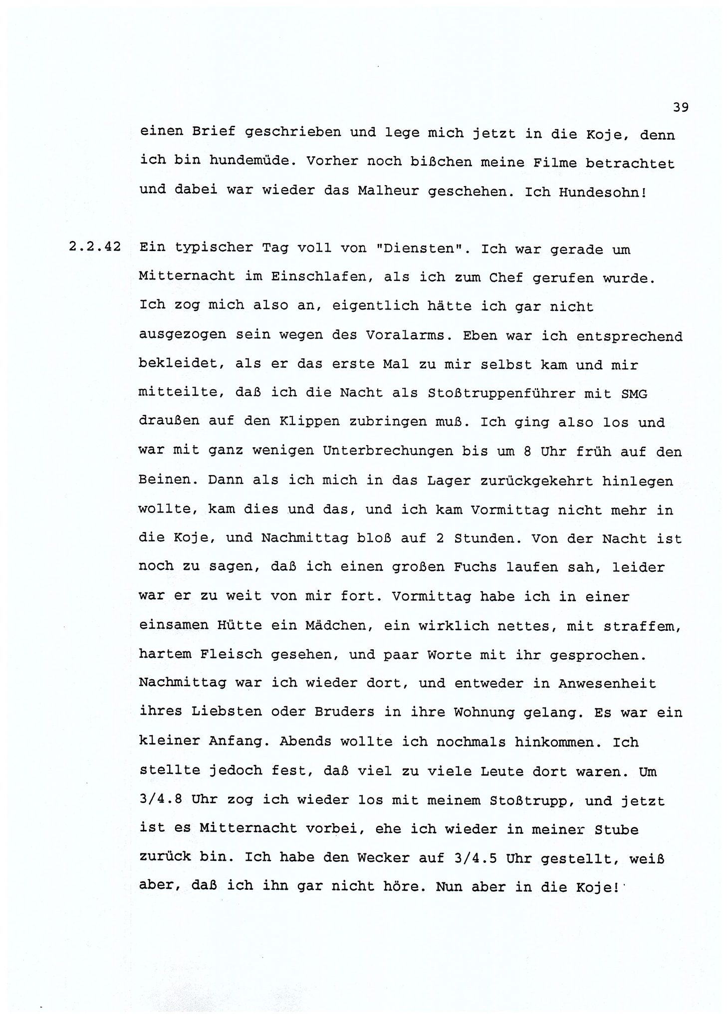 Dagbokopptegnelser av en tysk marineoffiser stasjonert i Norge , FMFB/A-1160/F/L0001: Dagbokopptegnelser av en tysk marineoffiser stasjonert i Norge, 1941-1944, p. 39