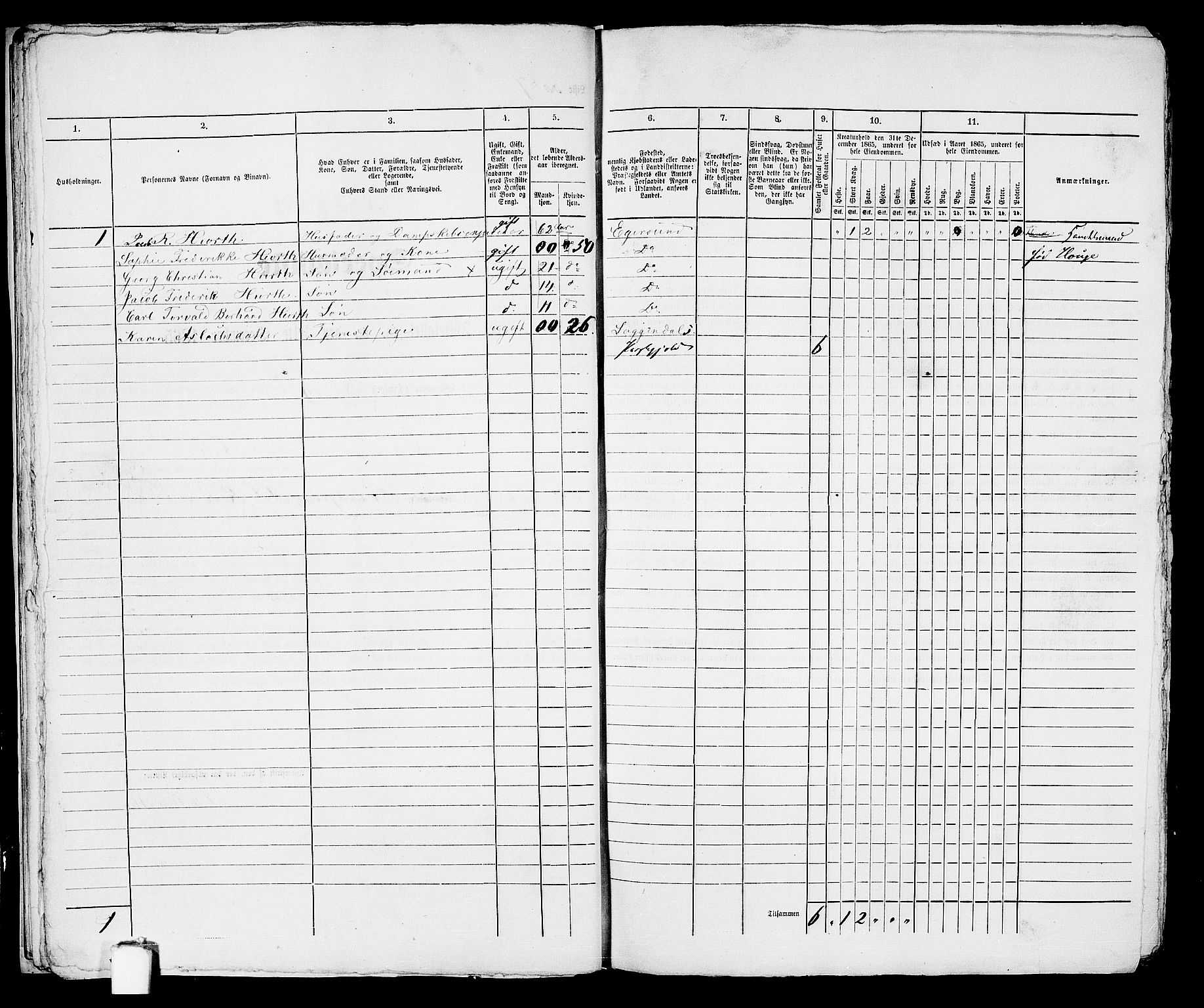 RA, 1865 census for Eigersund parish, Egersund town, 1865, p. 23