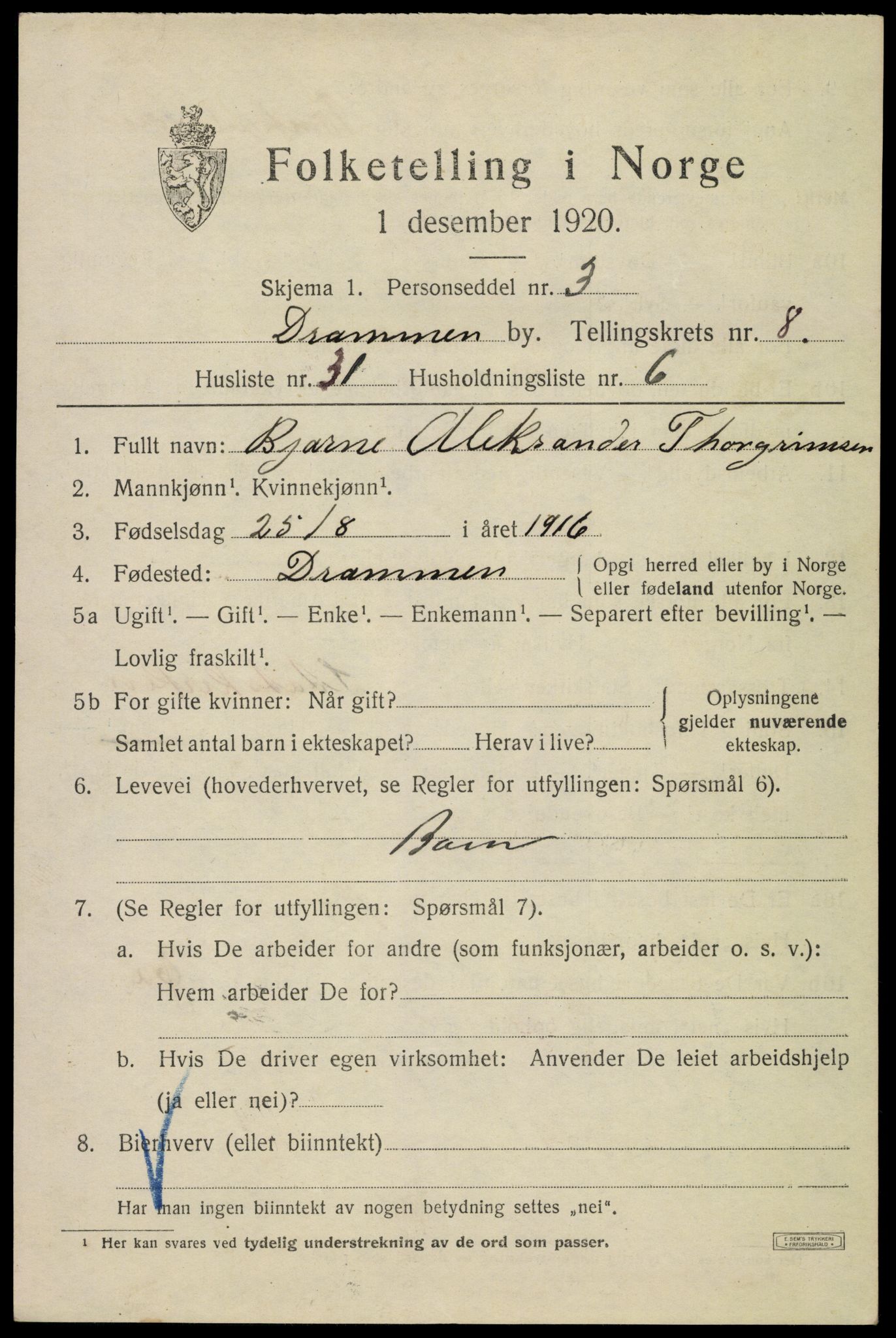 SAKO, 1920 census for Drammen, 1920, p. 54123