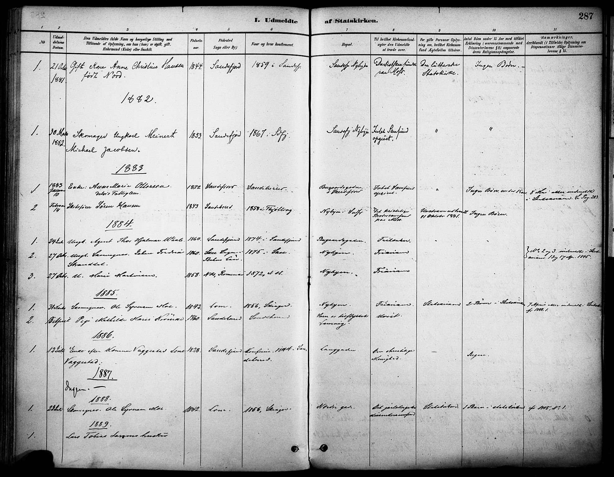 Sandefjord kirkebøker, AV/SAKO-A-315/F/Fa/L0002: Parish register (official) no. 2, 1880-1894, p. 287