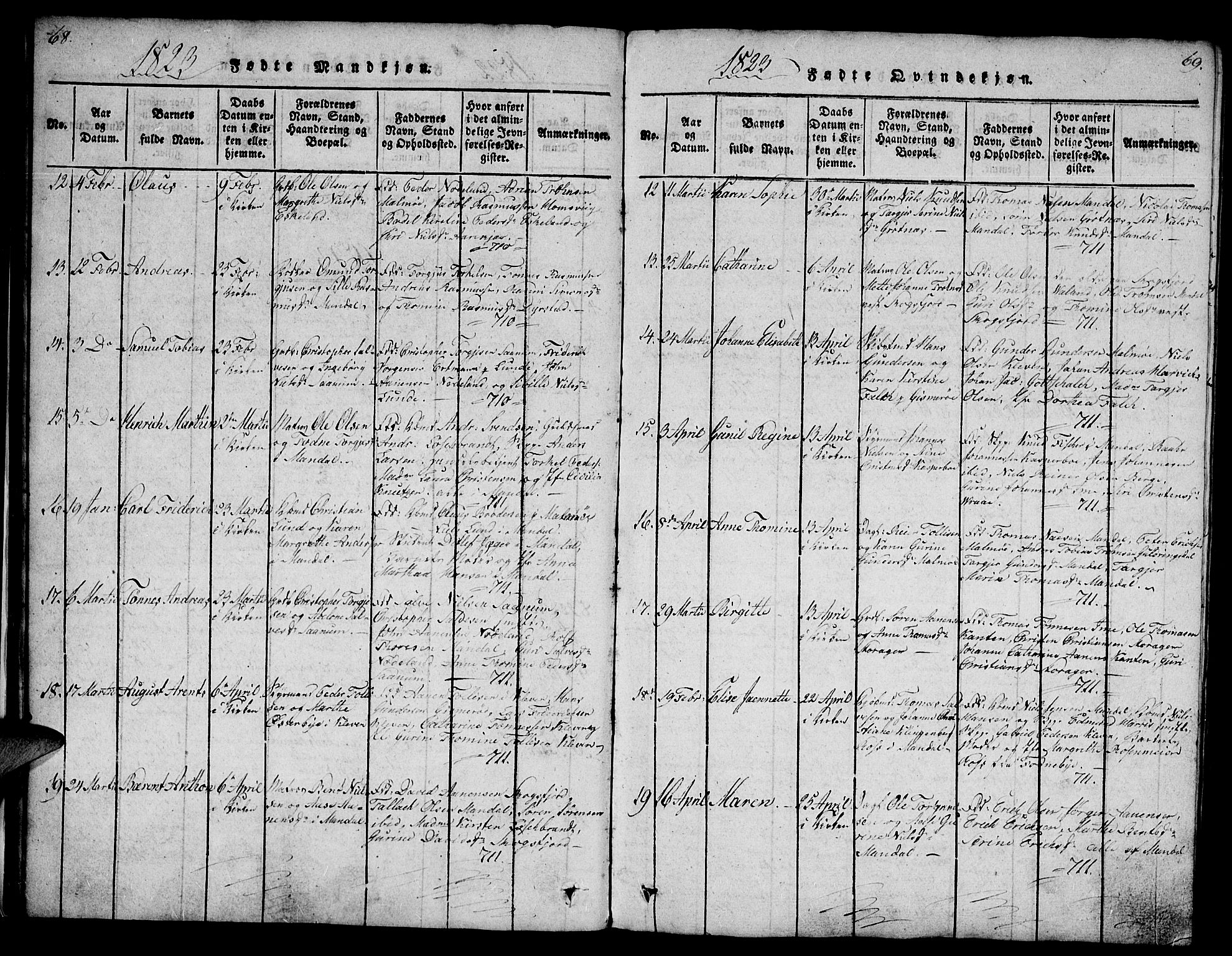 Mandal sokneprestkontor, AV/SAK-1111-0030/F/Fb/Fba/L0001: Parish register (copy) no. B 1, 1818-1830, p. 68-69