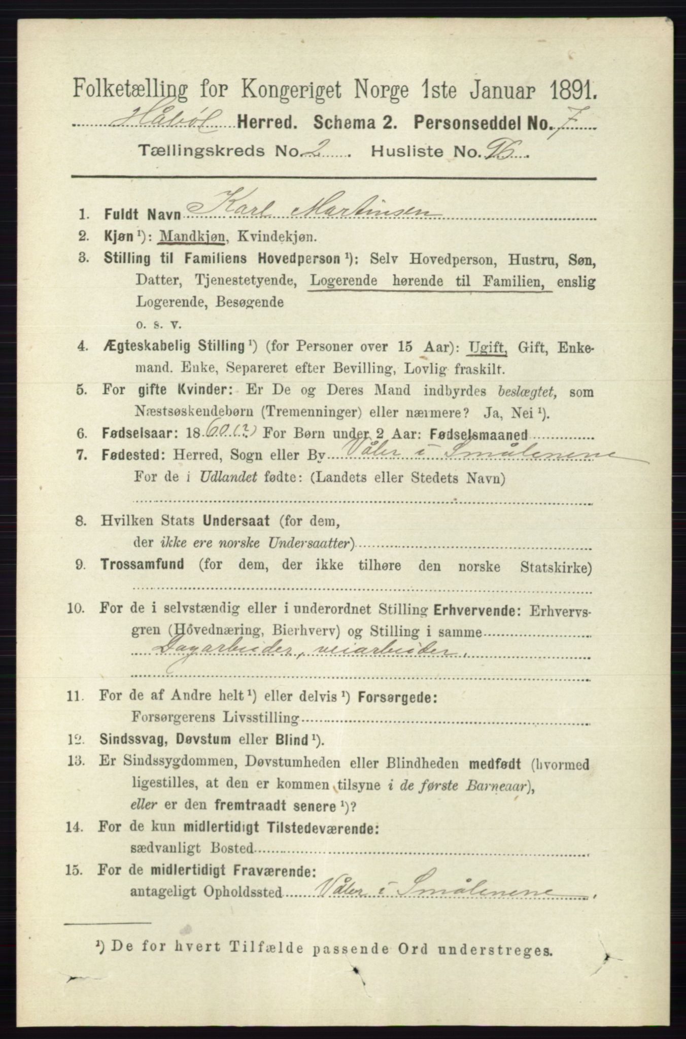 RA, 1891 census for 0138 Hobøl, 1891, p. 1581