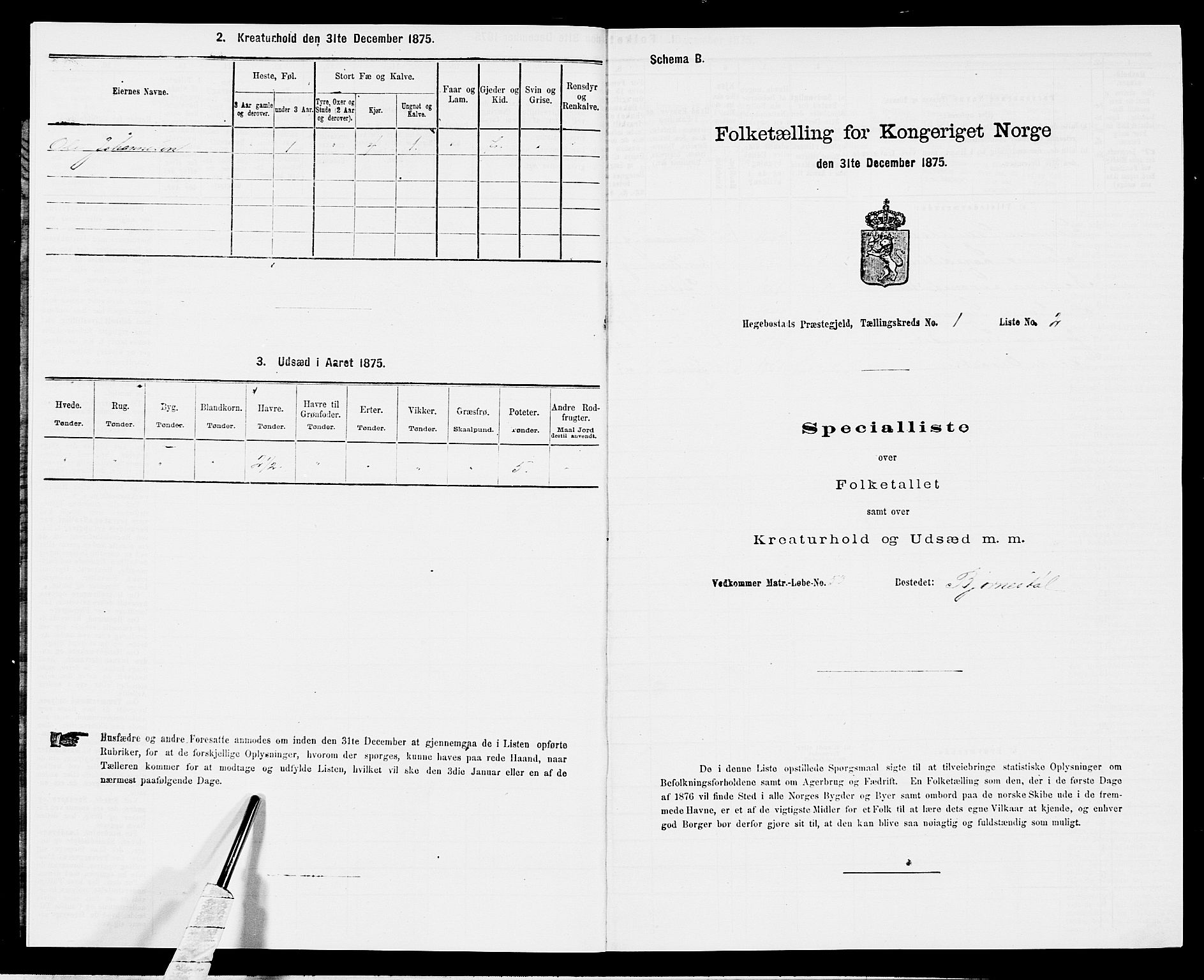 SAK, 1875 census for 1034P Hægebostad, 1875, p. 46