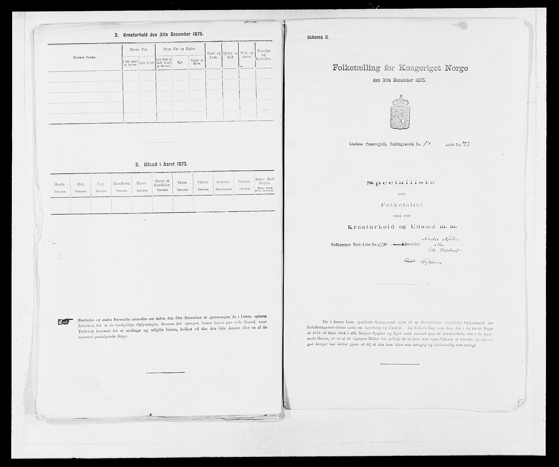 SAB, 1875 census for 1263P Lindås, 1875, p. 2037