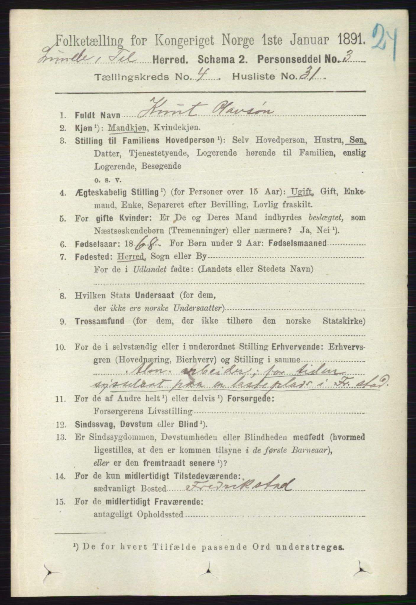 RA, 1891 census for 0820 Lunde, 1891, p. 1357