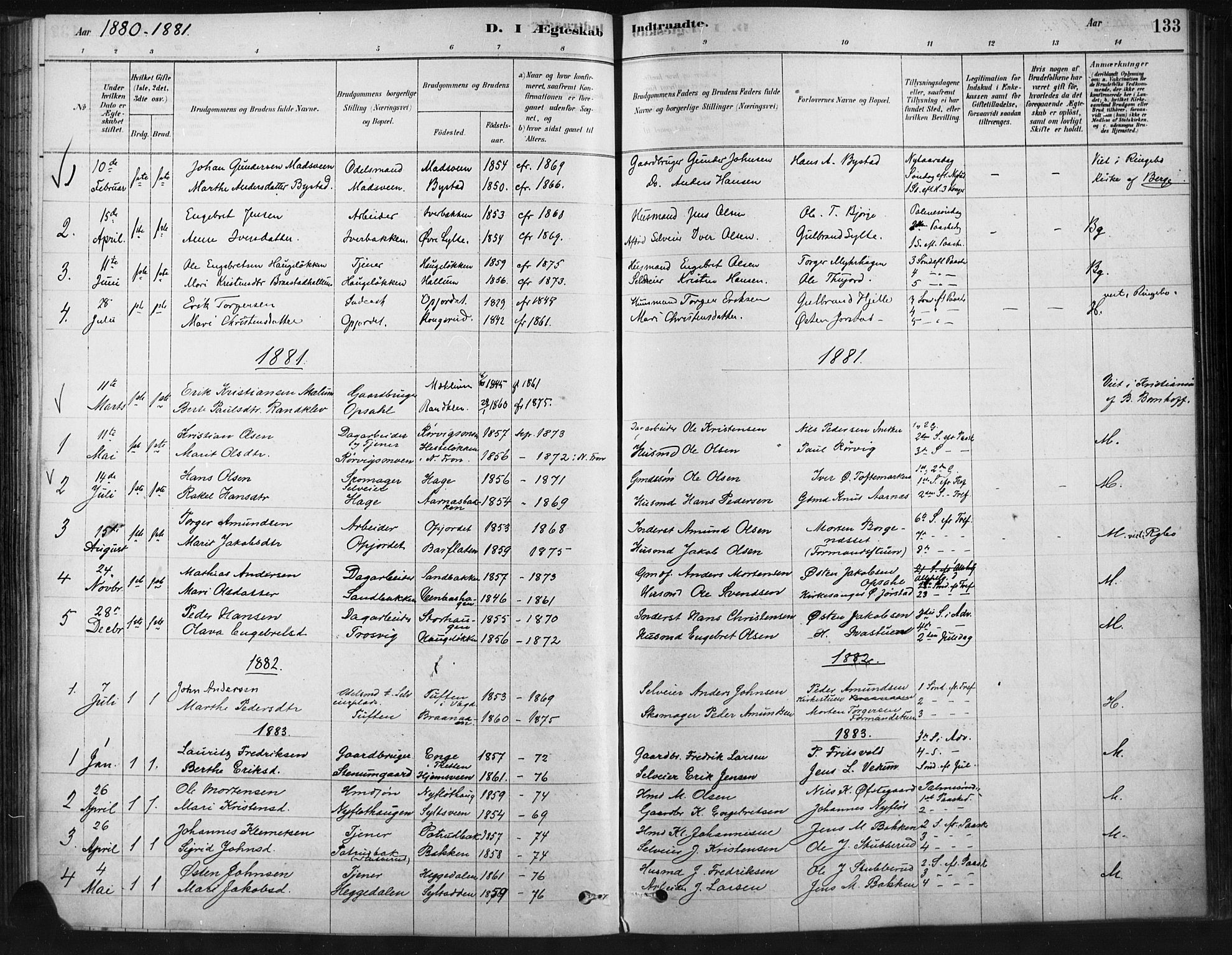 Ringebu prestekontor, AV/SAH-PREST-082/H/Ha/Haa/L0009: Parish register (official) no. 9, 1878-1898, p. 133