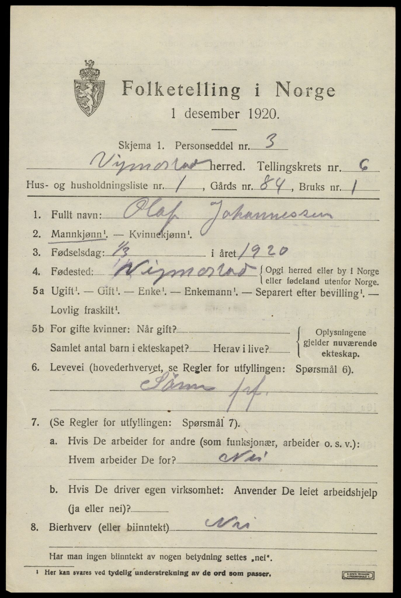 SAK, 1920 census for Vigmostad, 1920, p. 1949