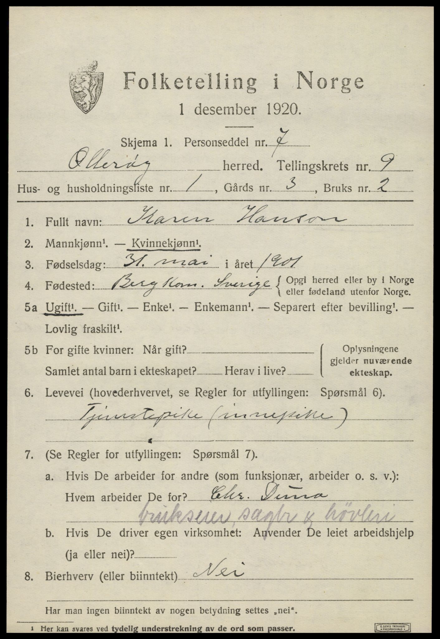 SAT, 1920 census for Otterøy, 1920, p. 3313