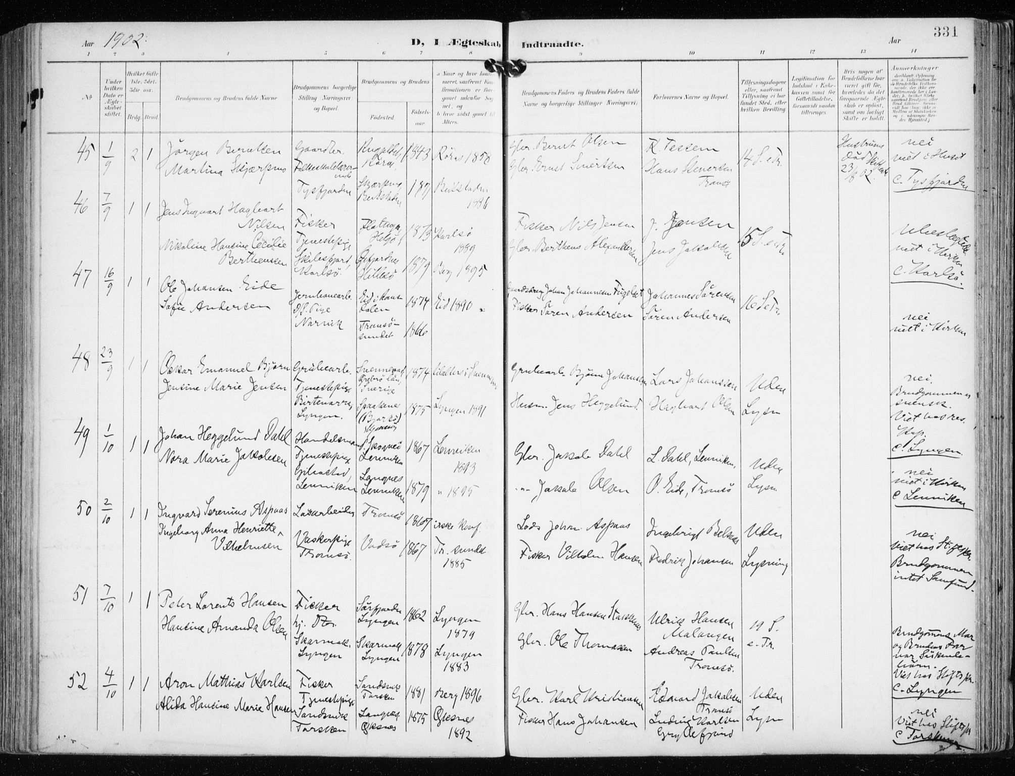 Tromsø sokneprestkontor/stiftsprosti/domprosti, AV/SATØ-S-1343/G/Ga/L0016kirke: Parish register (official) no. 16, 1899-1906, p. 331