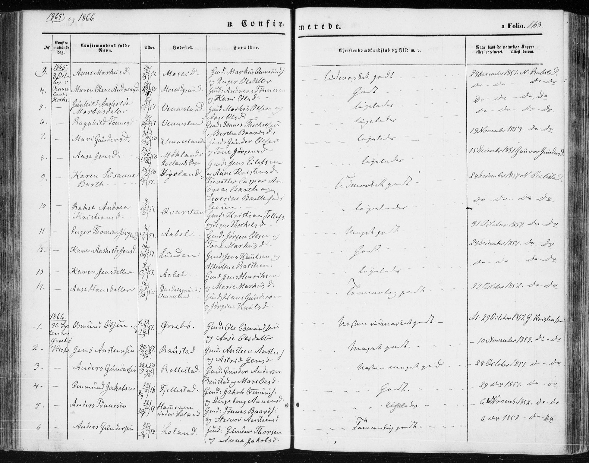 Vennesla sokneprestkontor, AV/SAK-1111-0045/Fa/Fac/L0007: Parish register (official) no. A 7, 1855-1873, p. 163