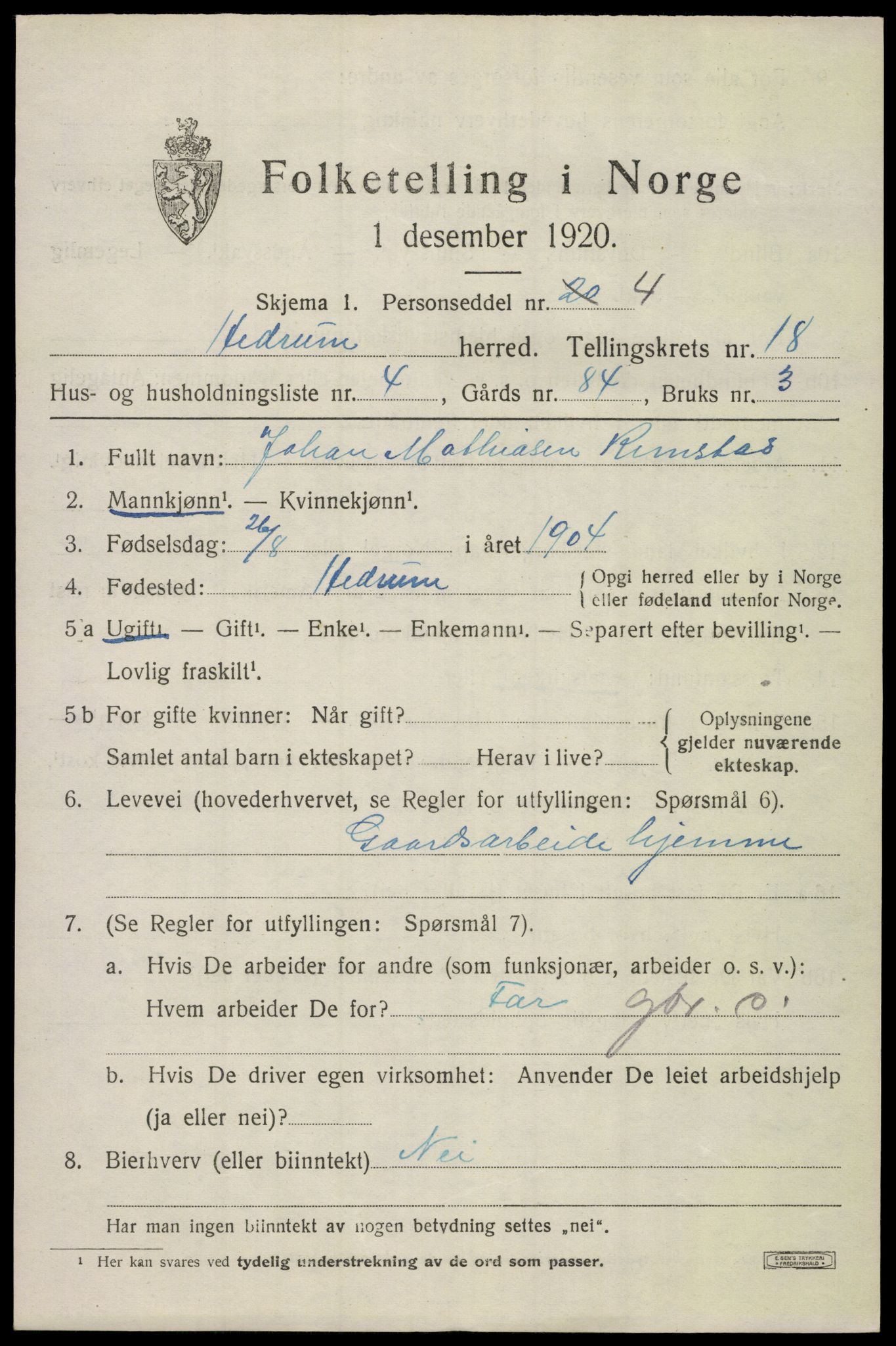 SAKO, 1920 census for Hedrum, 1920, p. 10835