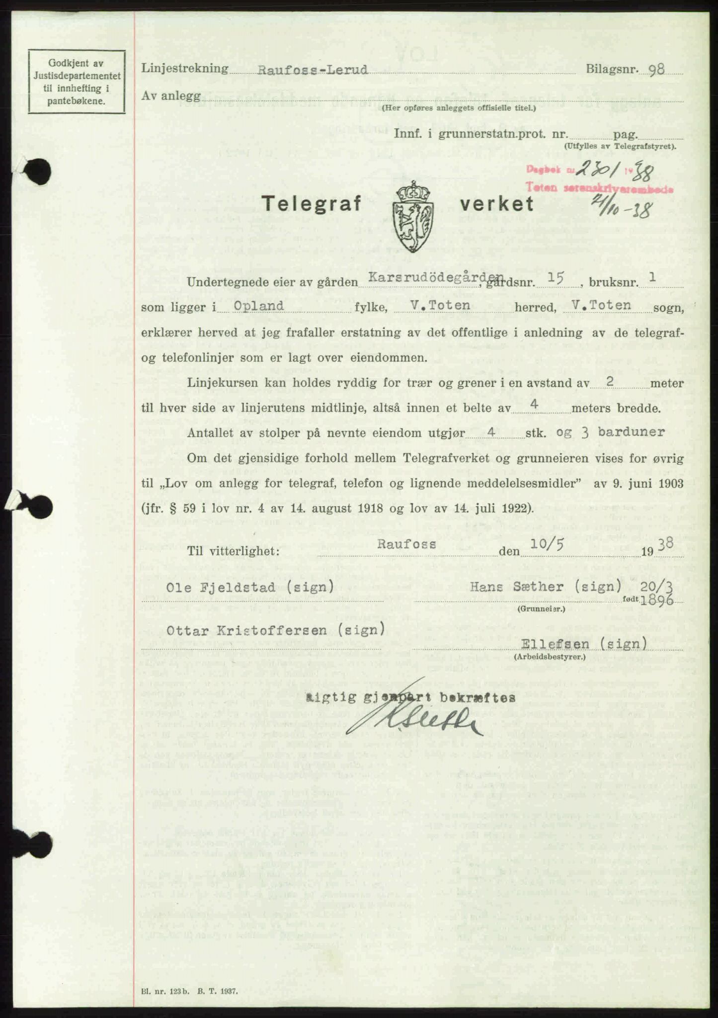 Toten tingrett, SAH/TING-006/H/Hb/Hbc/L0004: Mortgage book no. Hbc-04, 1938-1938, Diary no: : 2301/1938