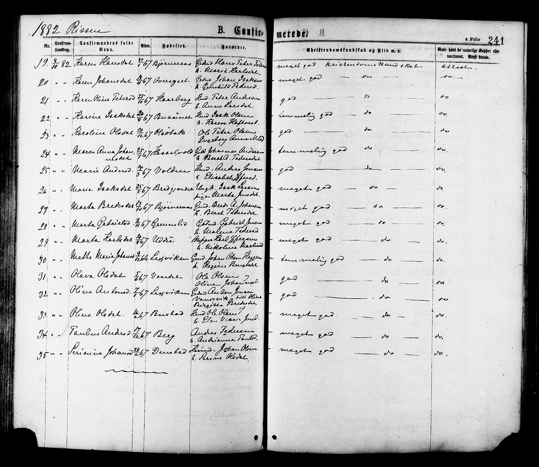 Ministerialprotokoller, klokkerbøker og fødselsregistre - Sør-Trøndelag, AV/SAT-A-1456/646/L0613: Parish register (official) no. 646A11, 1870-1884, p. 241