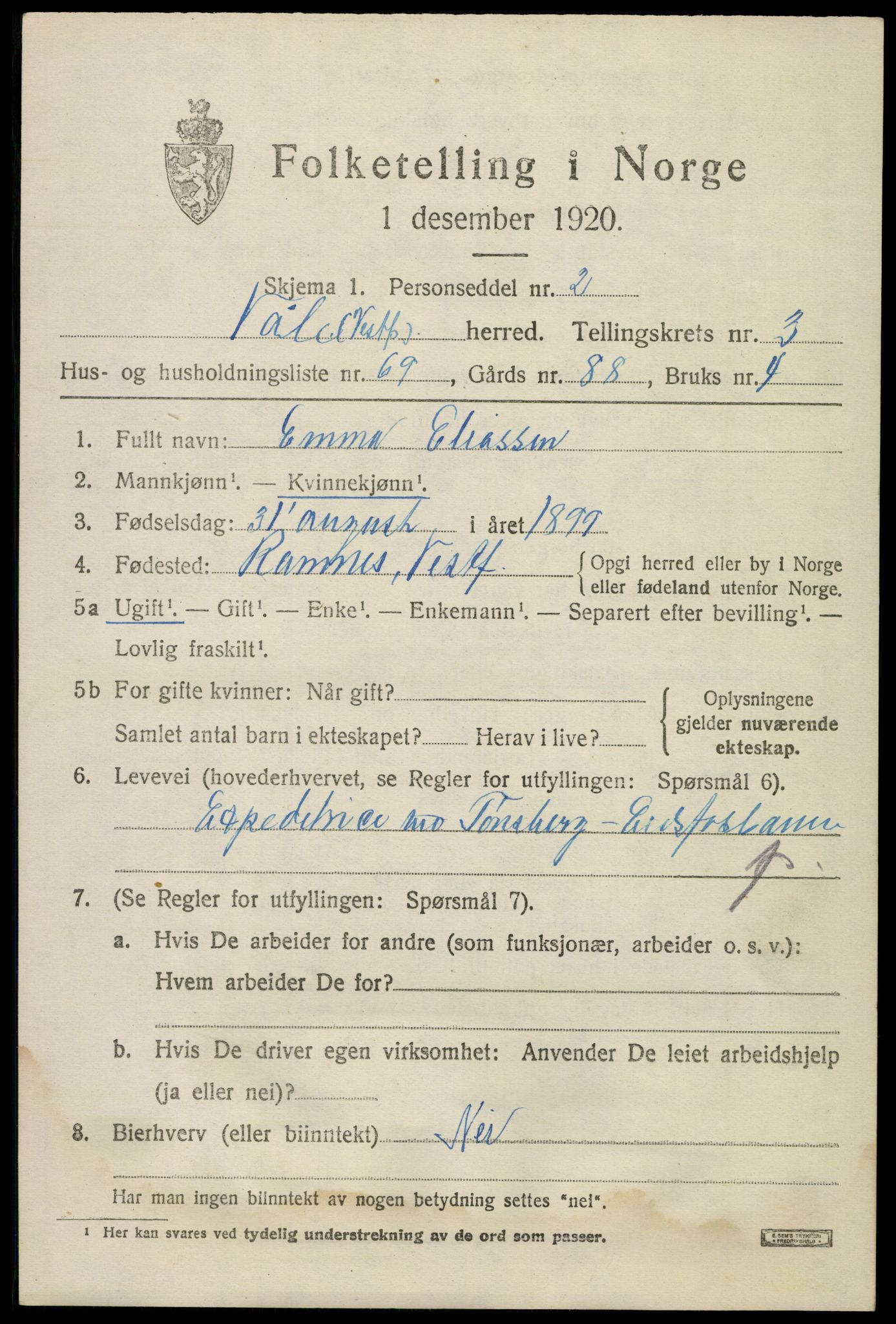 SAKO, 1920 census for Våle, 1920, p. 3130