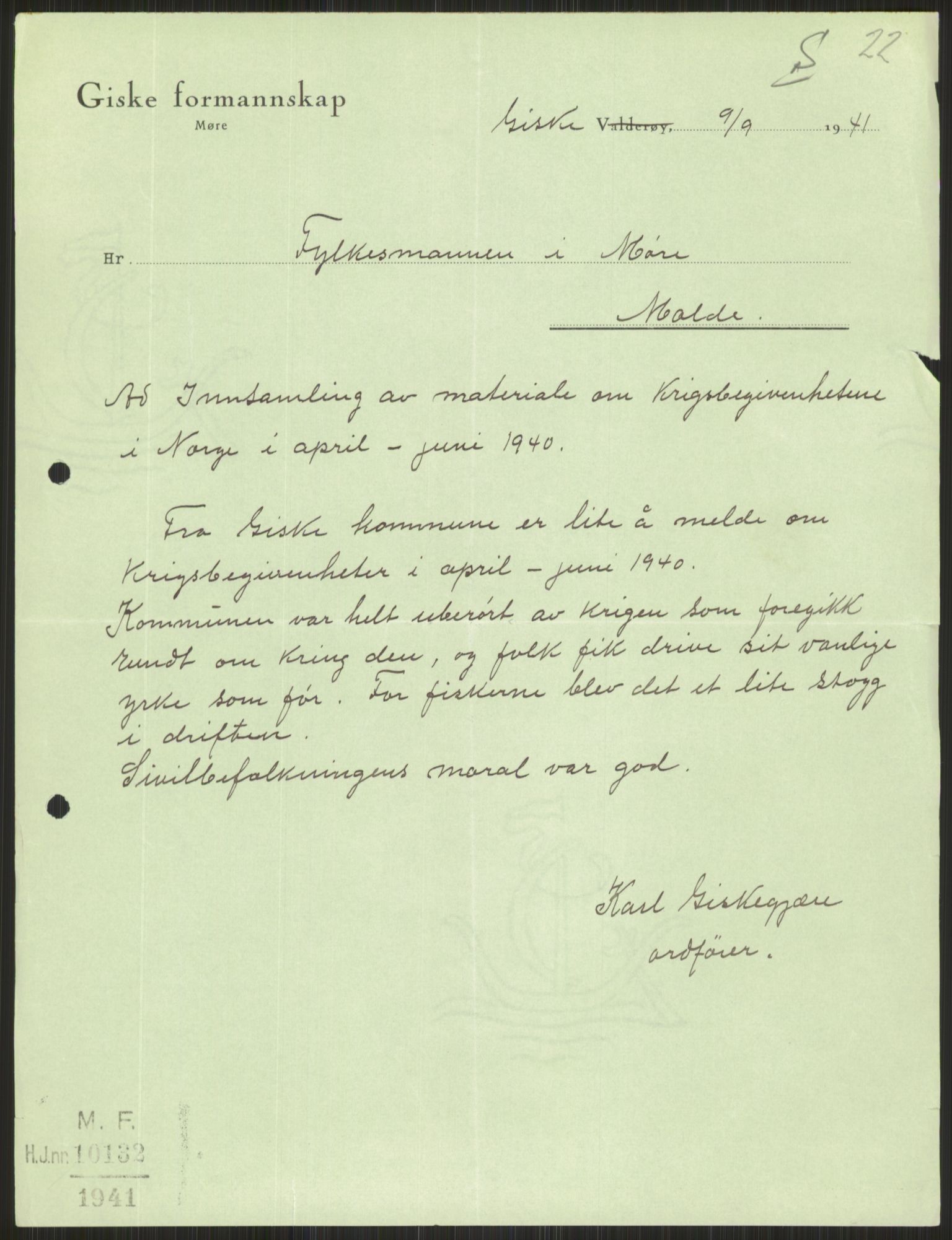 Forsvaret, Forsvarets krigshistoriske avdeling, AV/RA-RAFA-2017/Y/Ya/L0015: II-C-11-31 - Fylkesmenn.  Rapporter om krigsbegivenhetene 1940., 1940, p. 607