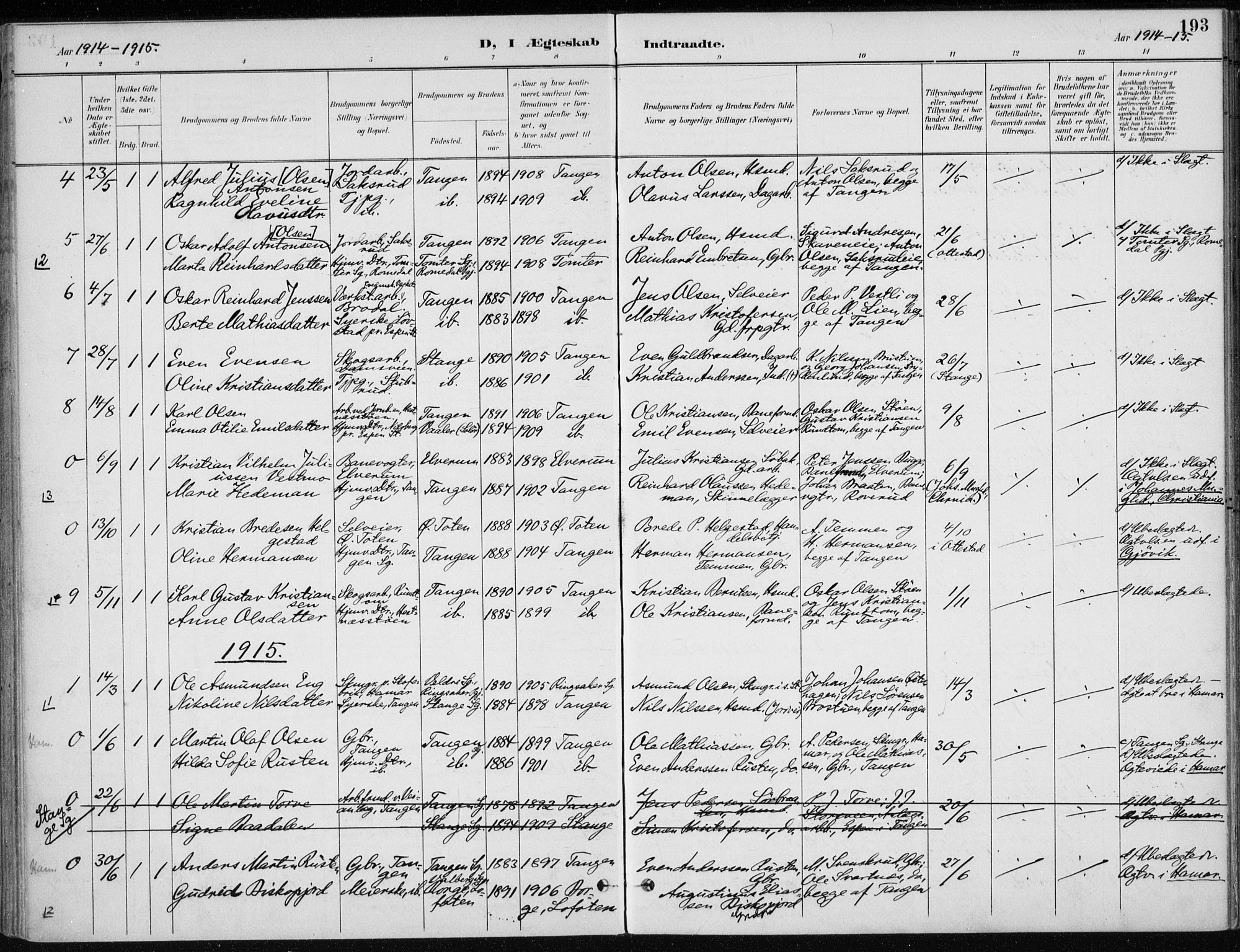 Stange prestekontor, AV/SAH-PREST-002/K/L0023: Parish register (official) no. 23, 1897-1920, p. 193