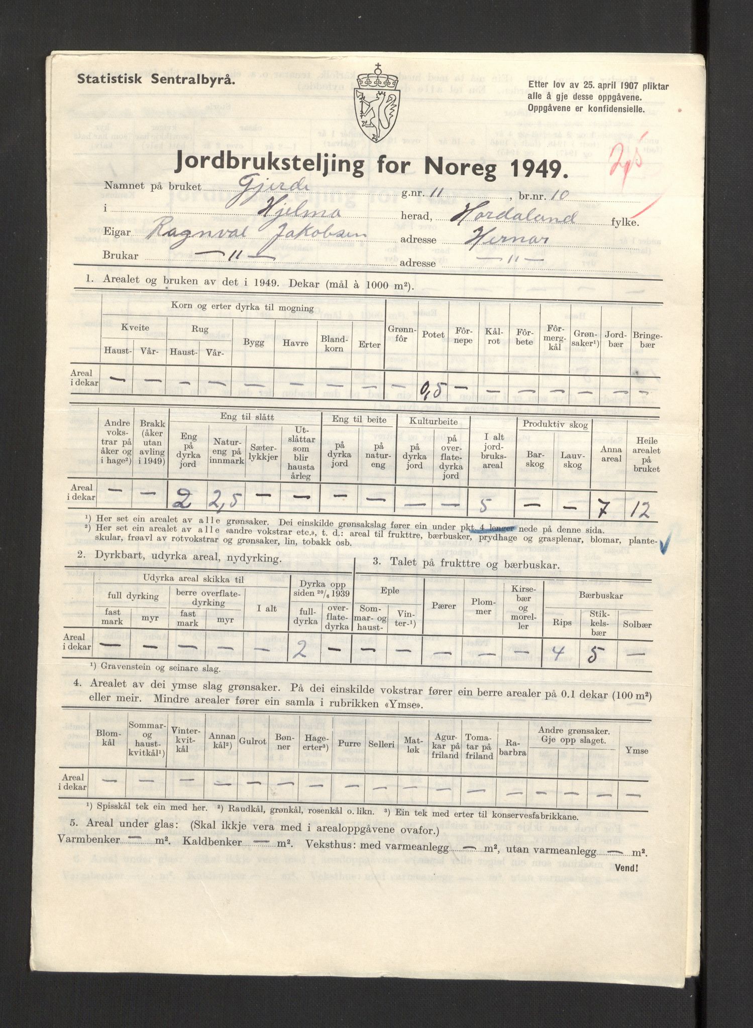 Statistisk sentralbyrå, Næringsøkonomiske emner, Jordbruk, skogbruk, jakt, fiske og fangst, AV/RA-S-2234/G/Gc/L0276: Hordaland: Herdla og Hjelme, 1949, p. 1140