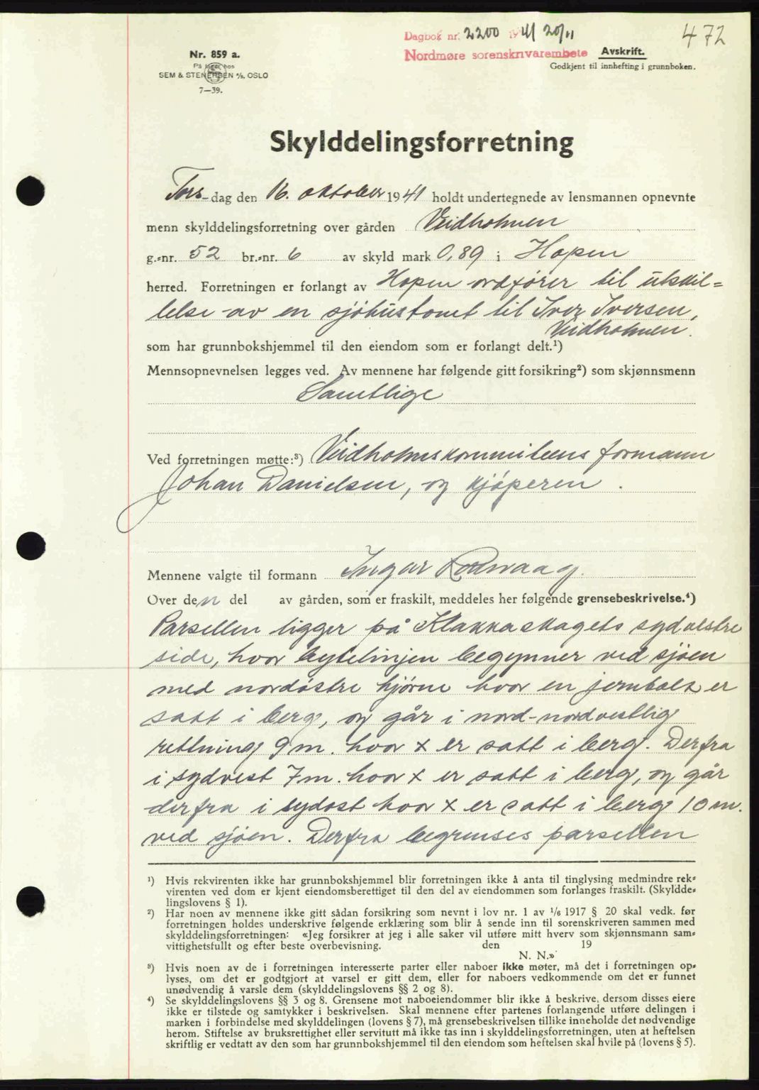 Nordmøre sorenskriveri, AV/SAT-A-4132/1/2/2Ca: Mortgage book no. A91, 1941-1942, Diary no: : 2200/1941