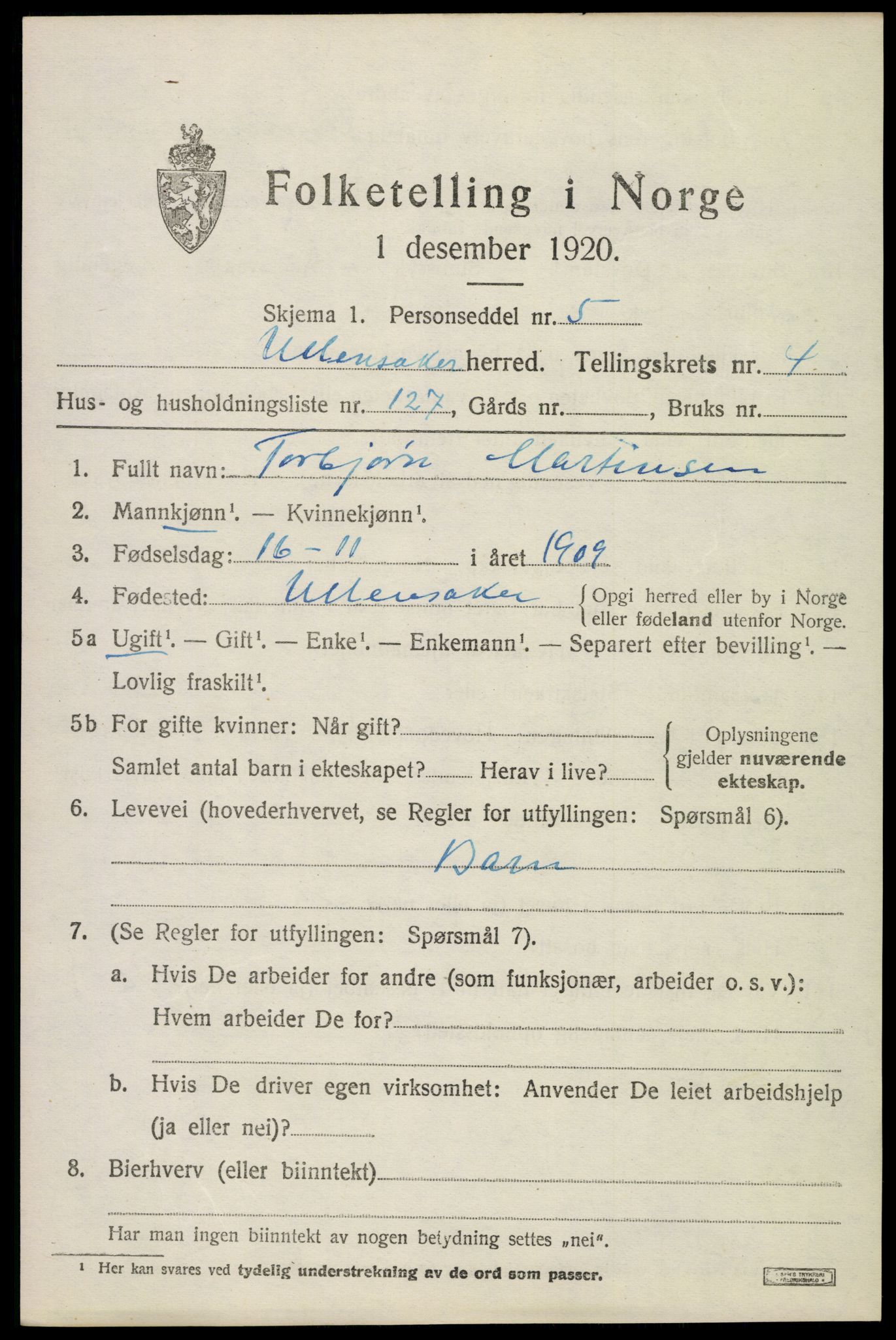 SAO, 1920 census for Ullensaker, 1920, p. 8815
