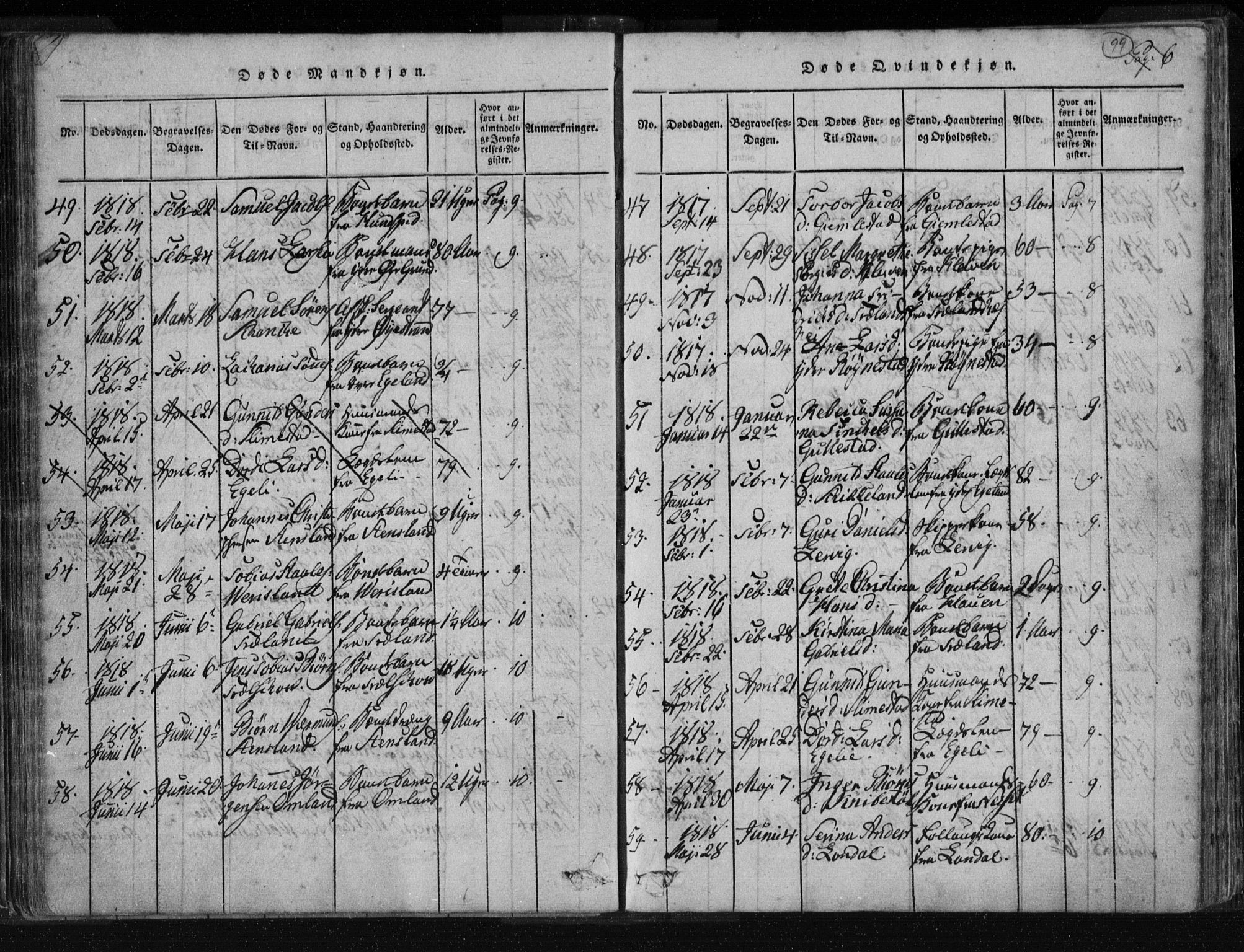 Kvinesdal sokneprestkontor, SAK/1111-0026/F/Fa/Fab/L0003: Parish register (official) no. A 3, 1815-1829, p. 99
