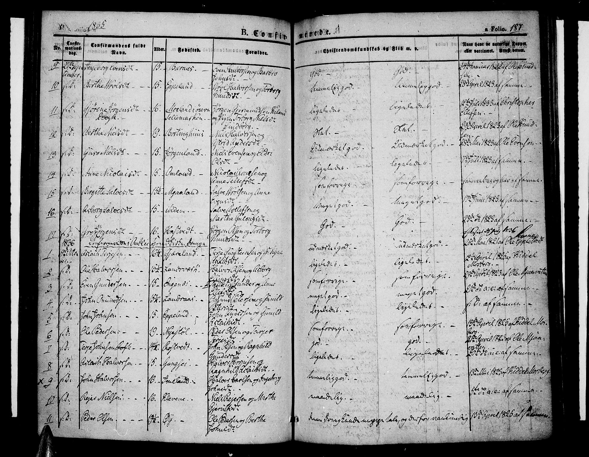 Åmli sokneprestkontor, AV/SAK-1111-0050/F/Fa/Fac/L0007: Parish register (official) no. A 7 /1, 1829-1851, p. 187