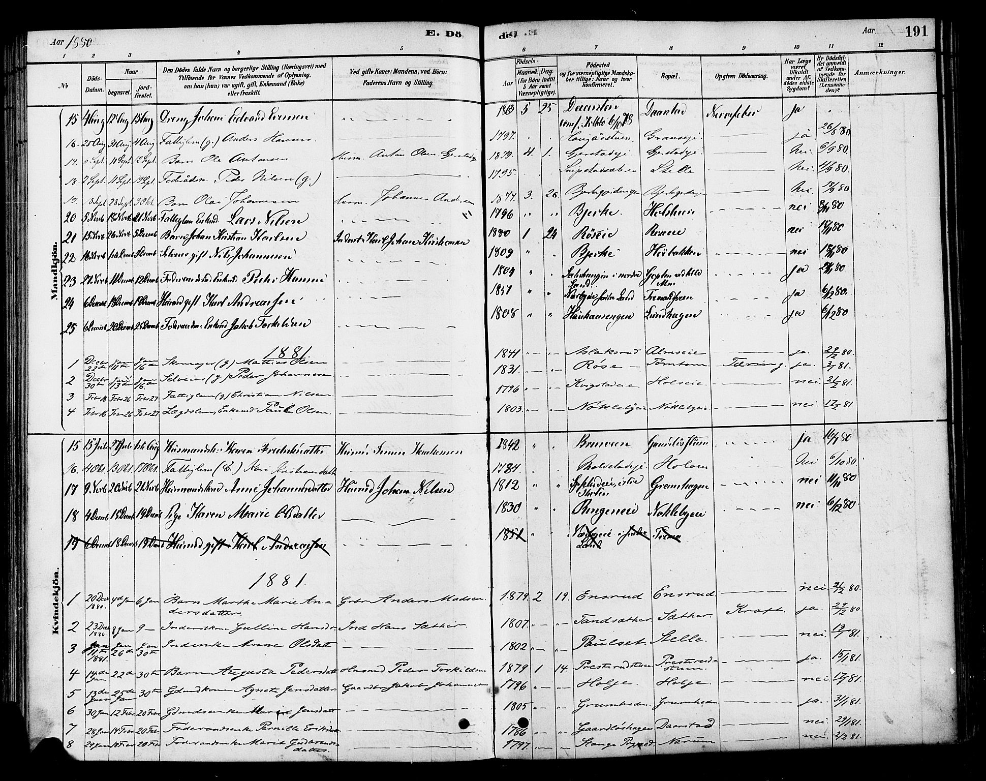 Vestre Toten prestekontor, SAH/PREST-108/H/Ha/Haa/L0010: Parish register (official) no. 10, 1878-1894, p. 191