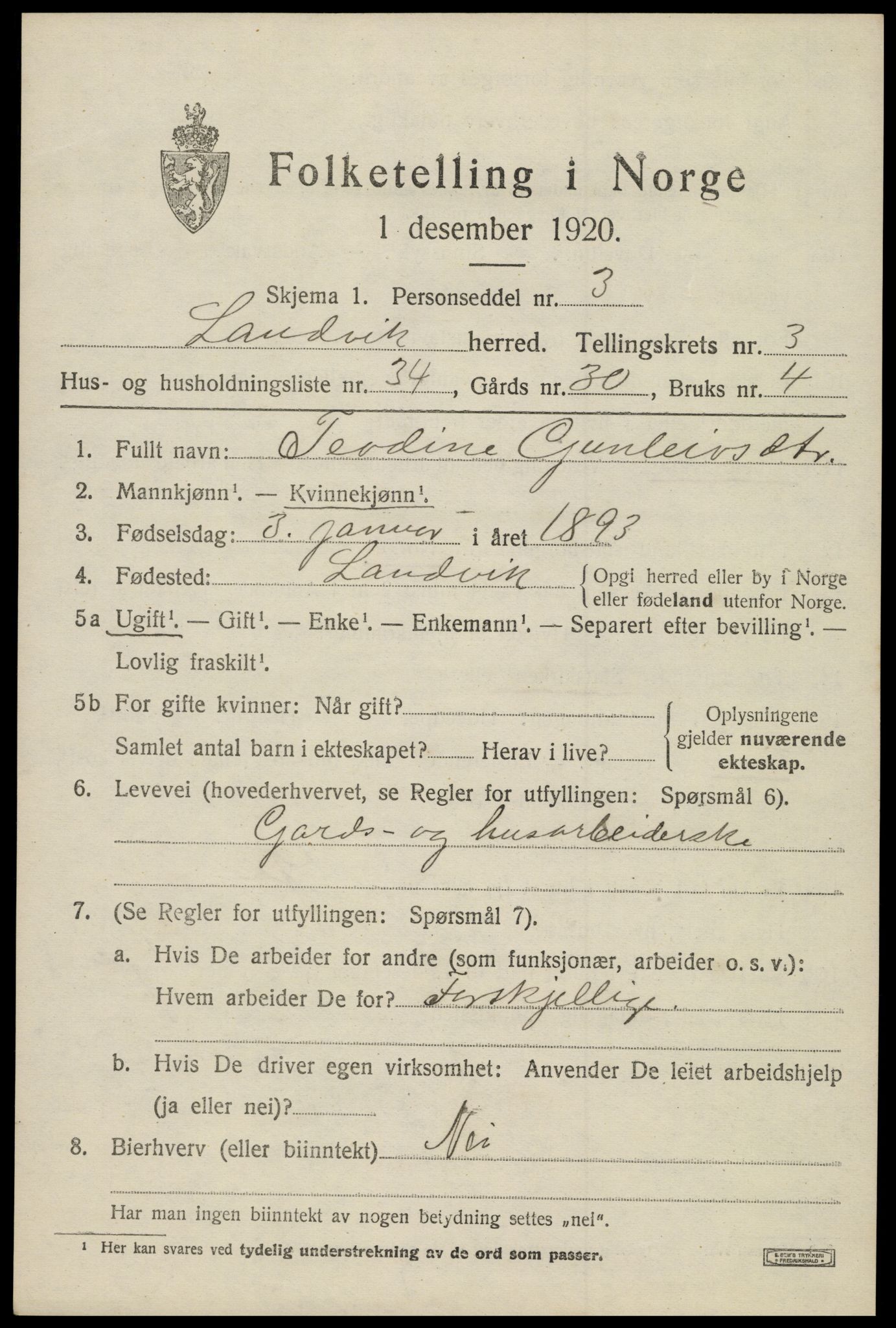 SAK, 1920 census for Landvik, 1920, p. 3242