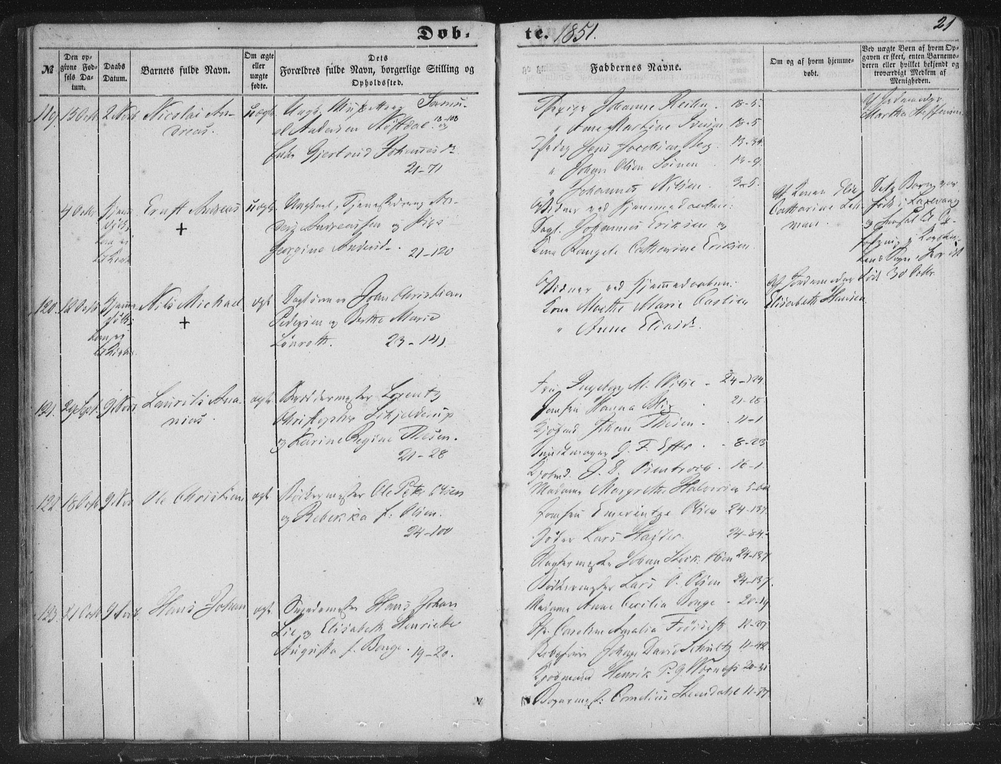 Korskirken sokneprestembete, AV/SAB-A-76101/H/Haa/L0017: Parish register (official) no. B 3, 1851-1857, p. 21