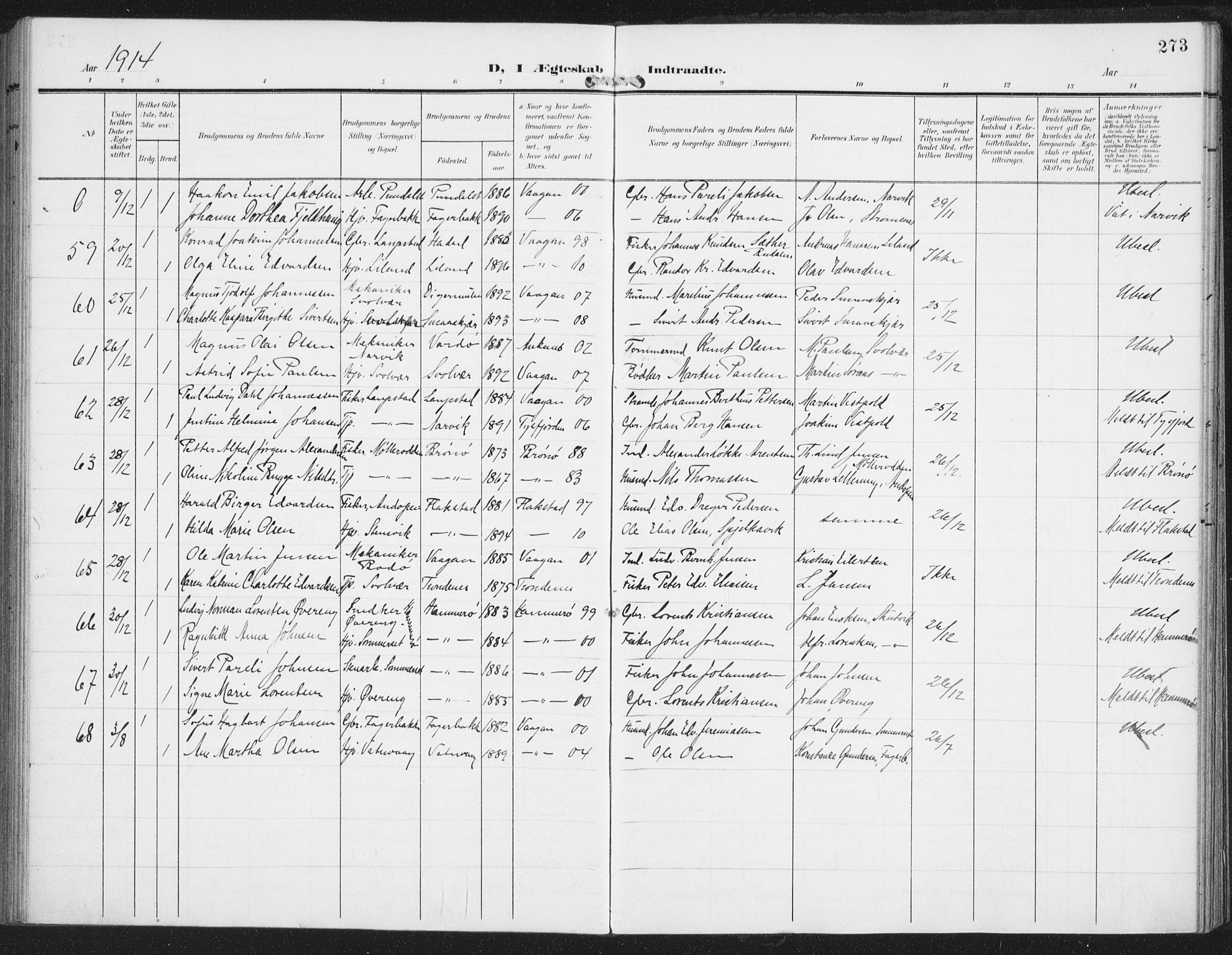 Ministerialprotokoller, klokkerbøker og fødselsregistre - Nordland, AV/SAT-A-1459/874/L1063: Parish register (official) no. 874A07, 1907-1915, p. 273