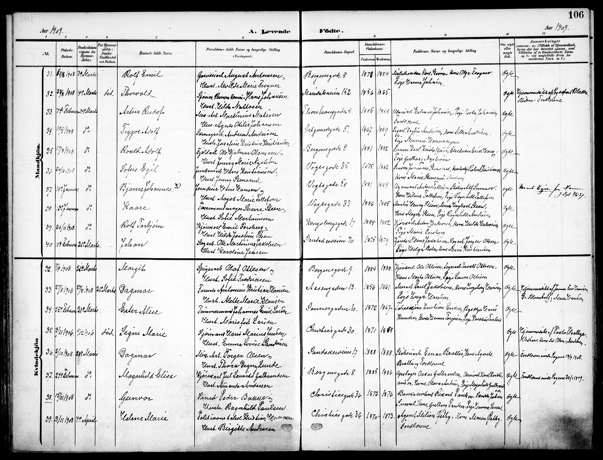 Sagene prestekontor Kirkebøker, SAO/A-10796/F/L0007: Parish register (official) no. 7, 1905-1915, p. 106