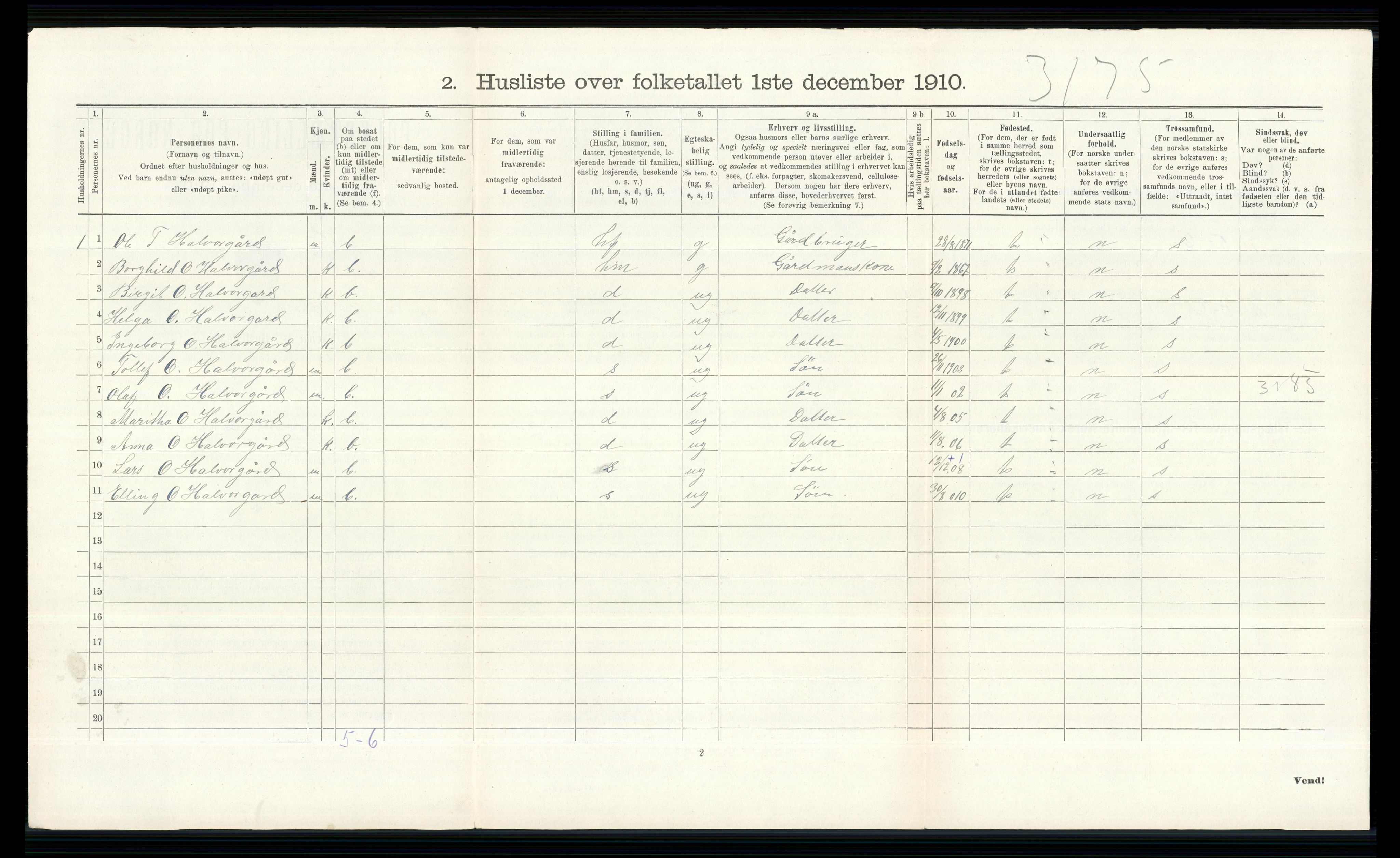 RA, 1910 census for Hol, 1910, p. 410