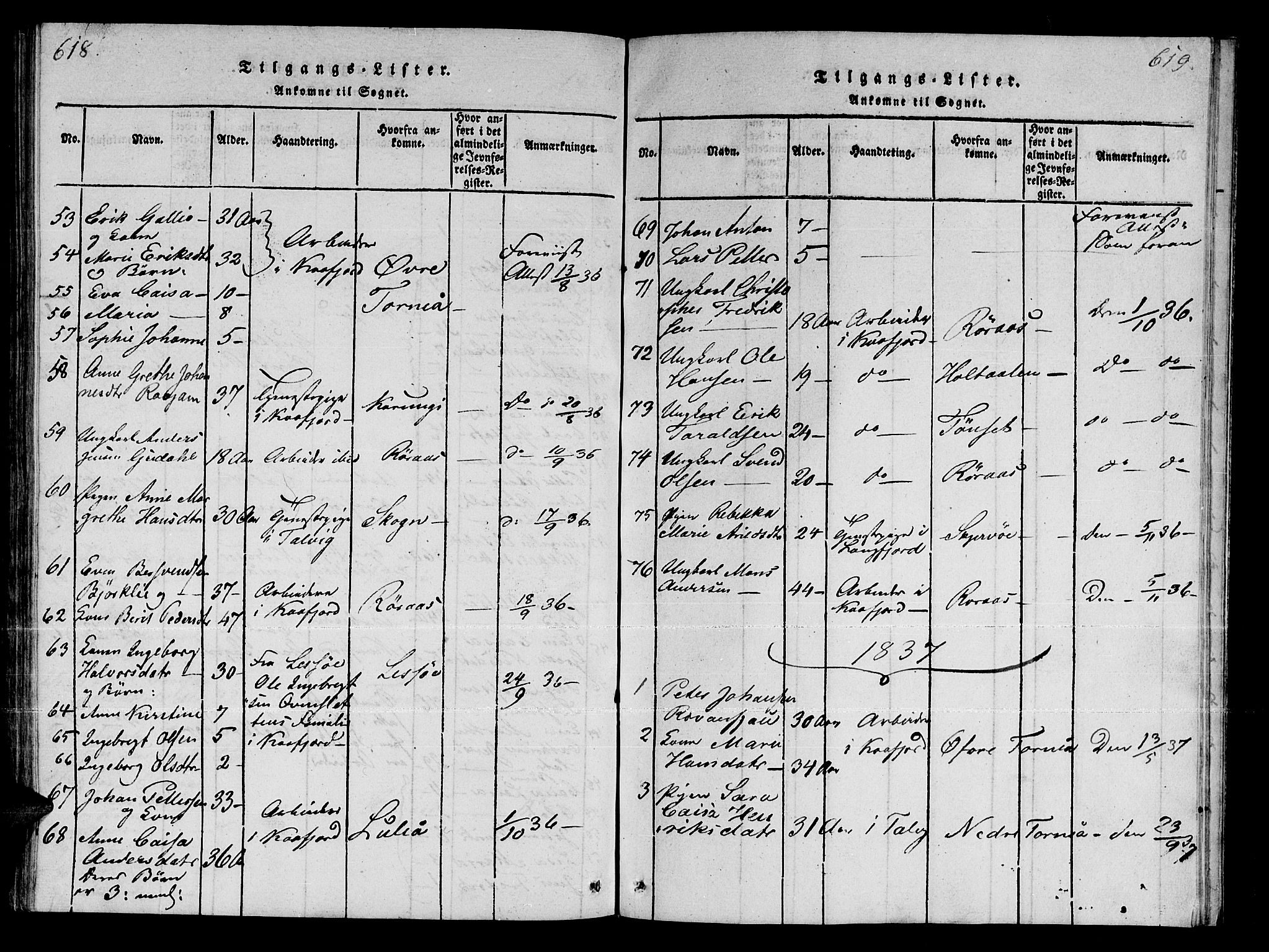 Talvik sokneprestkontor, SATØ/S-1337/H/Ha/L0008kirke: Parish register (official) no. 8, 1821-1837, p. 618-619