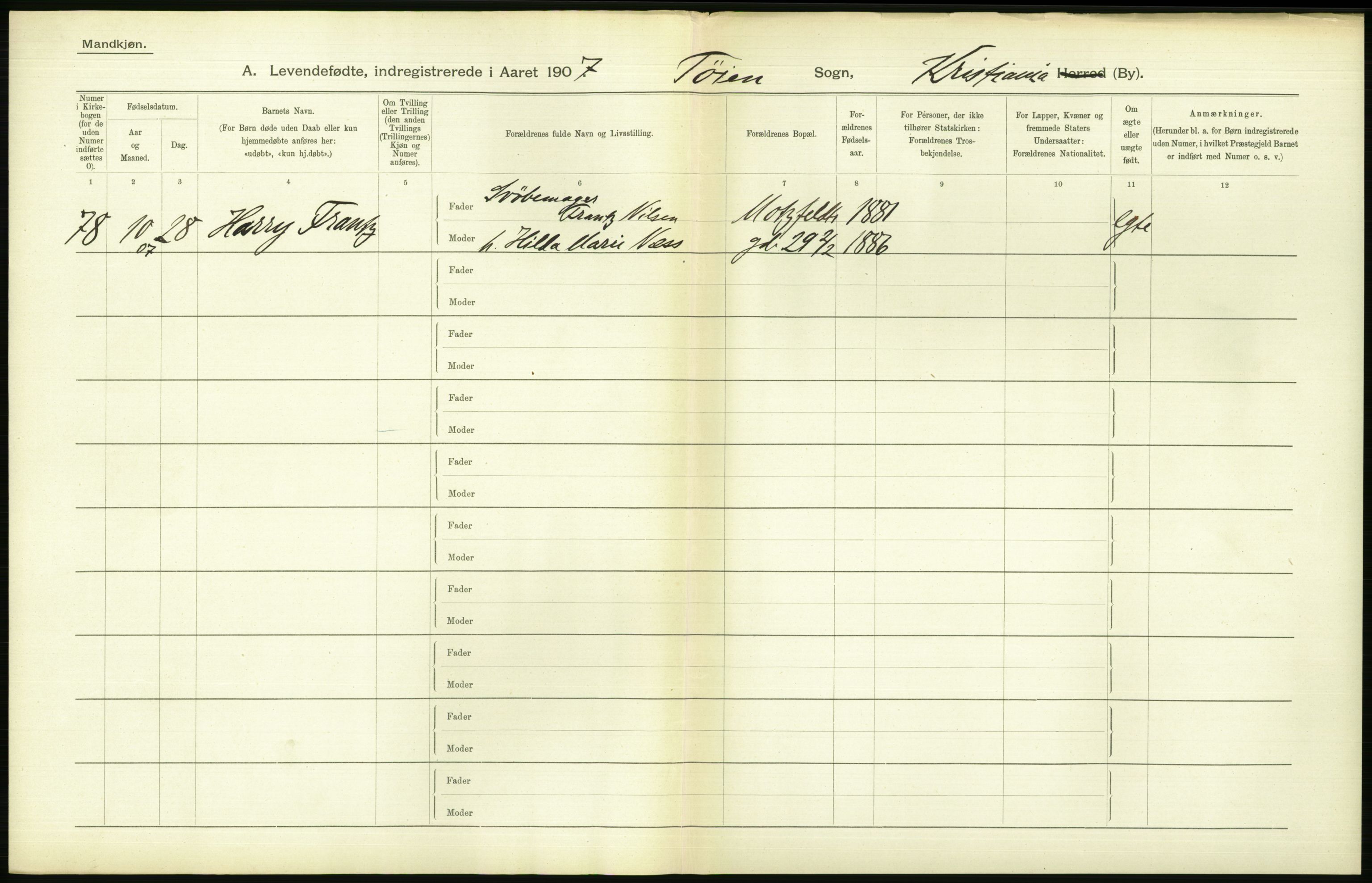 Statistisk sentralbyrå, Sosiodemografiske emner, Befolkning, AV/RA-S-2228/D/Df/Dfa/Dfae/L0007: Kristiania: Levendefødte menn og kvinner., 1907, p. 622