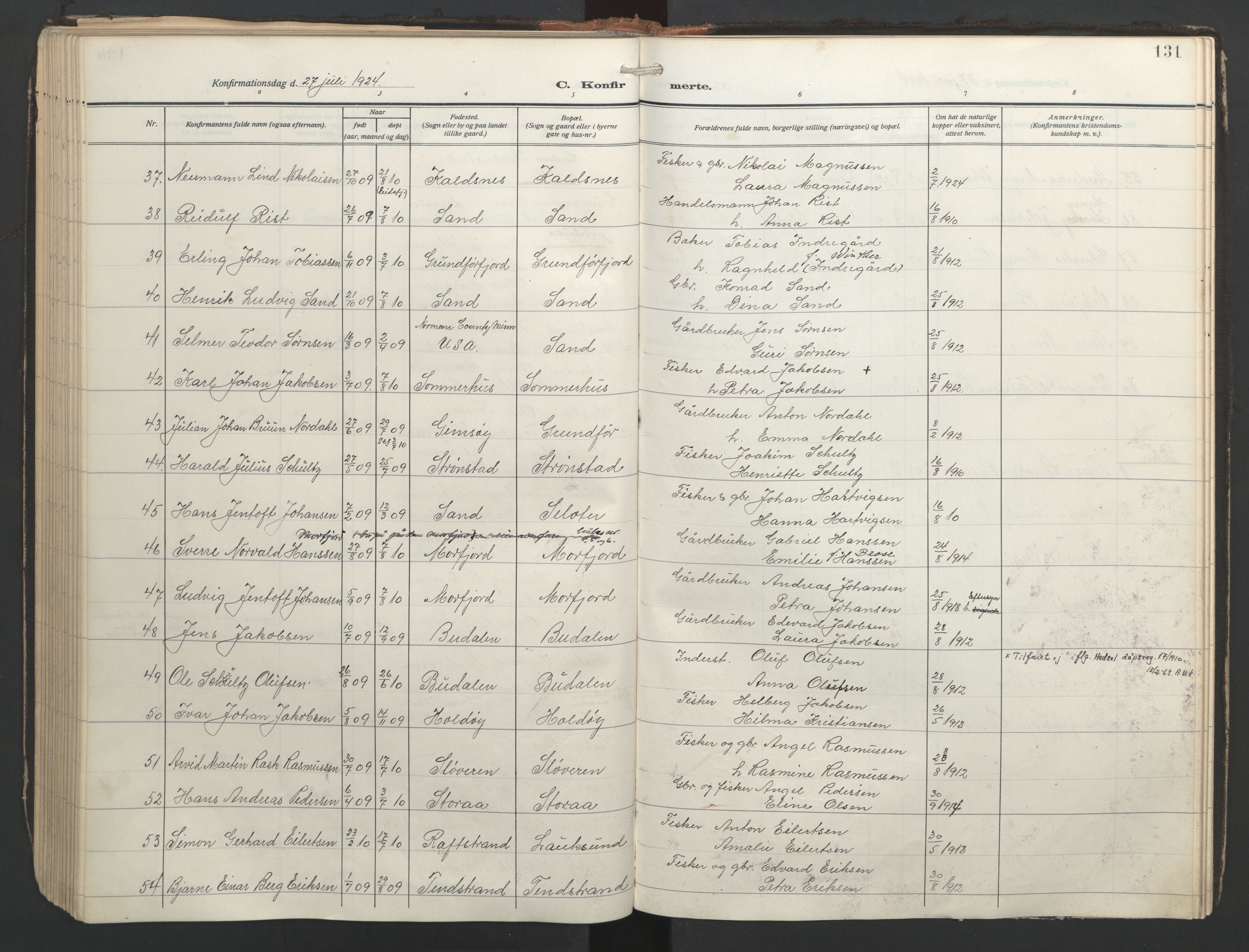 Ministerialprotokoller, klokkerbøker og fødselsregistre - Nordland, AV/SAT-A-1459/888/L1249: Parish register (official) no. 888A15, 1911-1929, p. 131