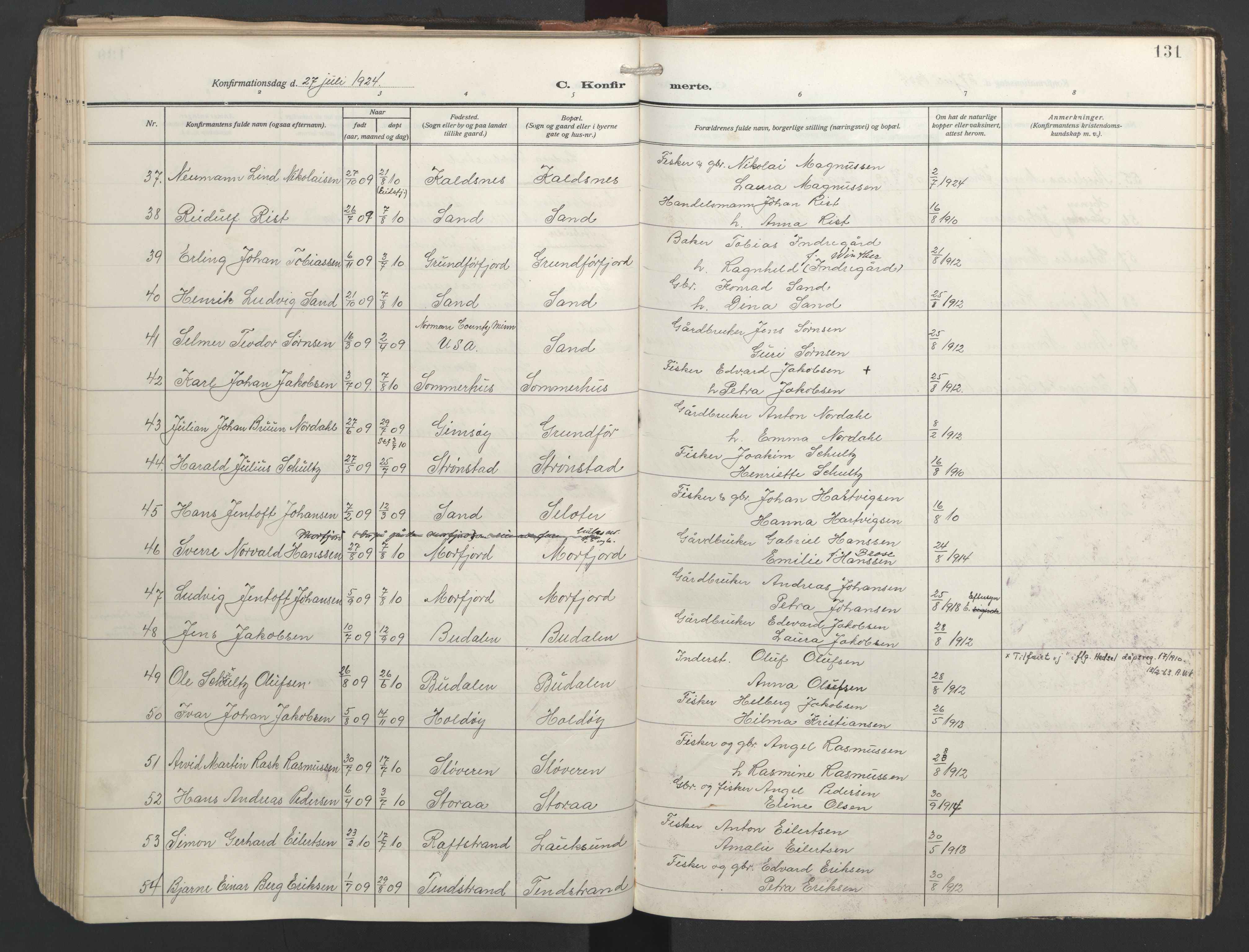 Ministerialprotokoller, klokkerbøker og fødselsregistre - Nordland, SAT/A-1459/888/L1249: Parish register (official) no. 888A15, 1911-1929, p. 131