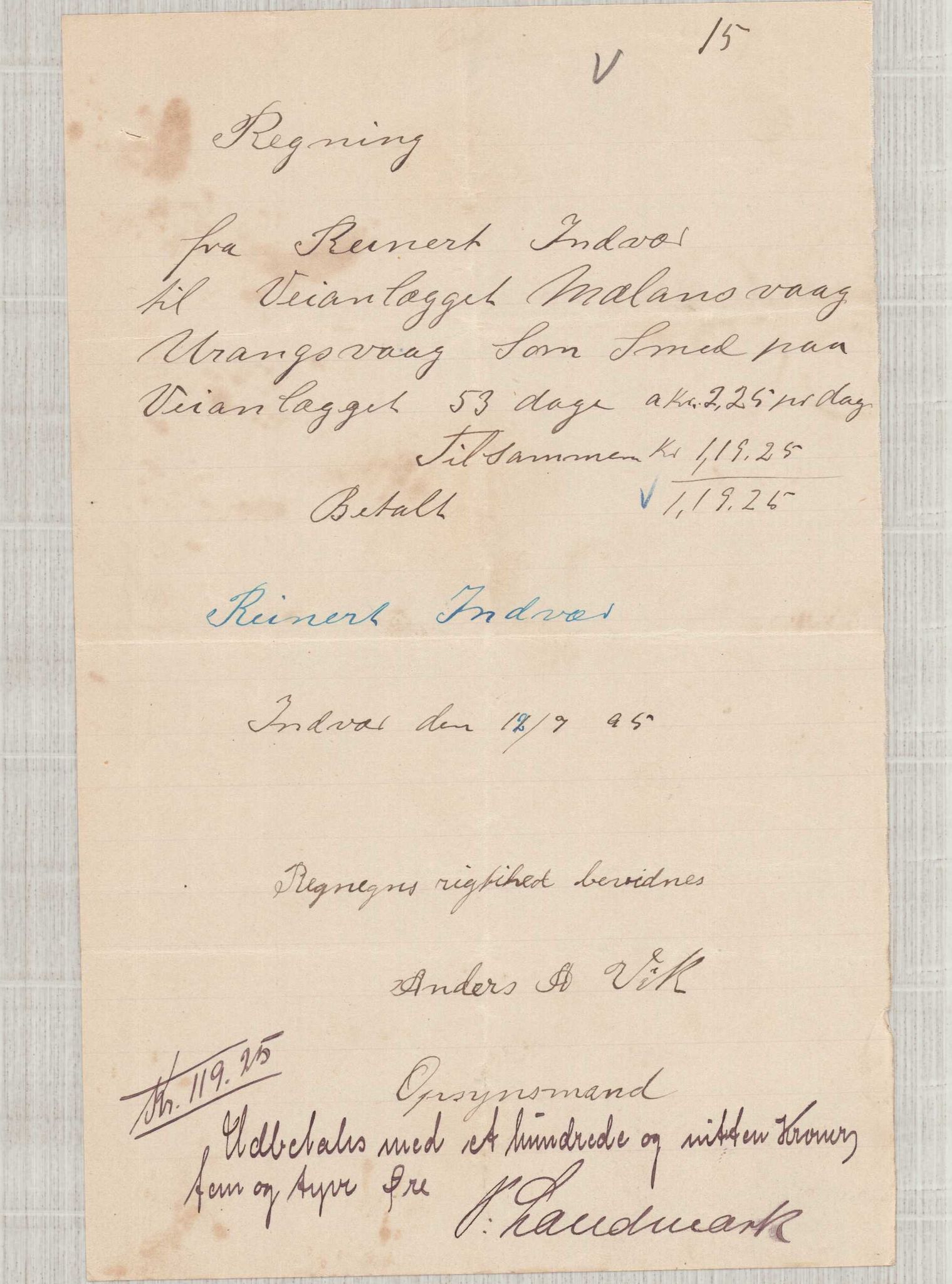 Finnaas kommune. Formannskapet, IKAH/1218a-021/E/Ea/L0002/0003: Rekneskap for veganlegg / Rekneskap for veganlegget Urangsvåg - Mælandsvåg, 1904-1905, p. 82