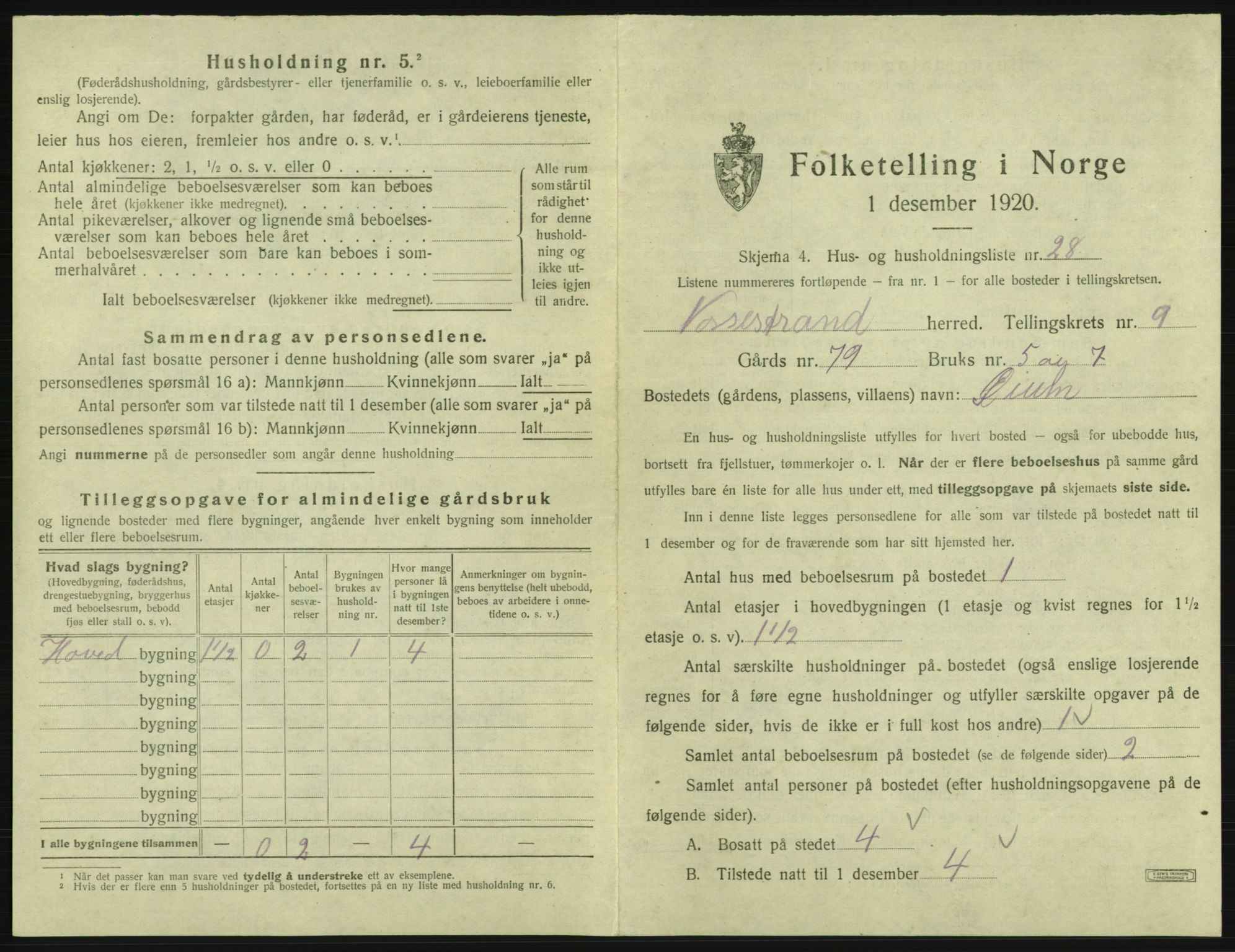 SAB, 1920 census for Vossestrand, 1920, p. 648