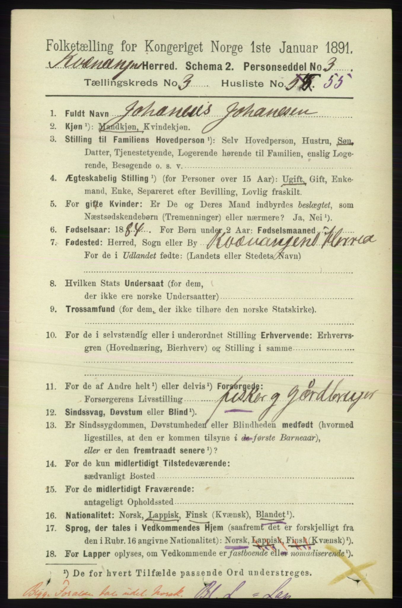 RA, 1891 census for 1943 Kvænangen, 1891, p. 1447