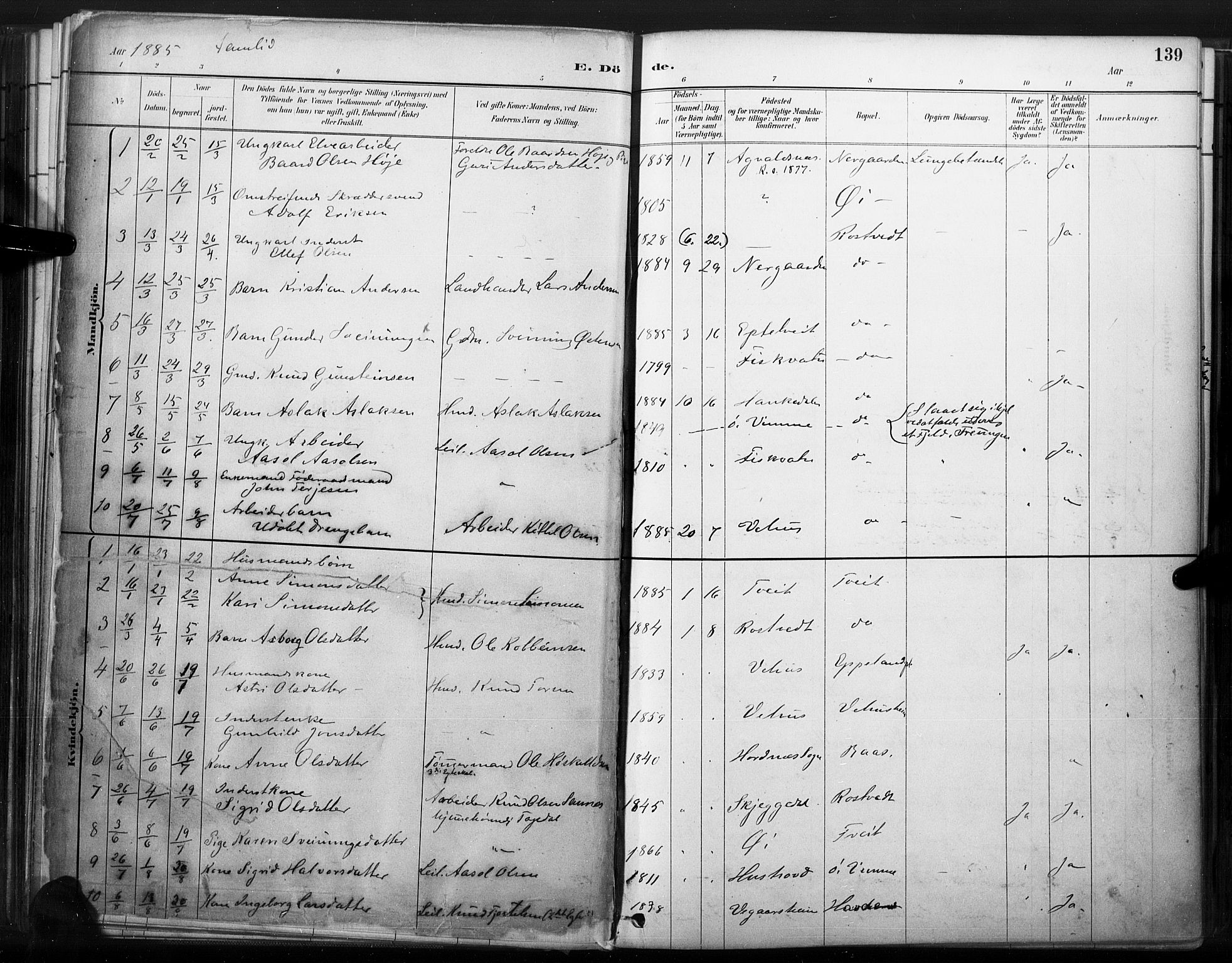 Åmli sokneprestkontor, AV/SAK-1111-0050/F/Fa/Fac/L0010: Parish register (official) no. A 10 /1, 1885-1899, p. 139