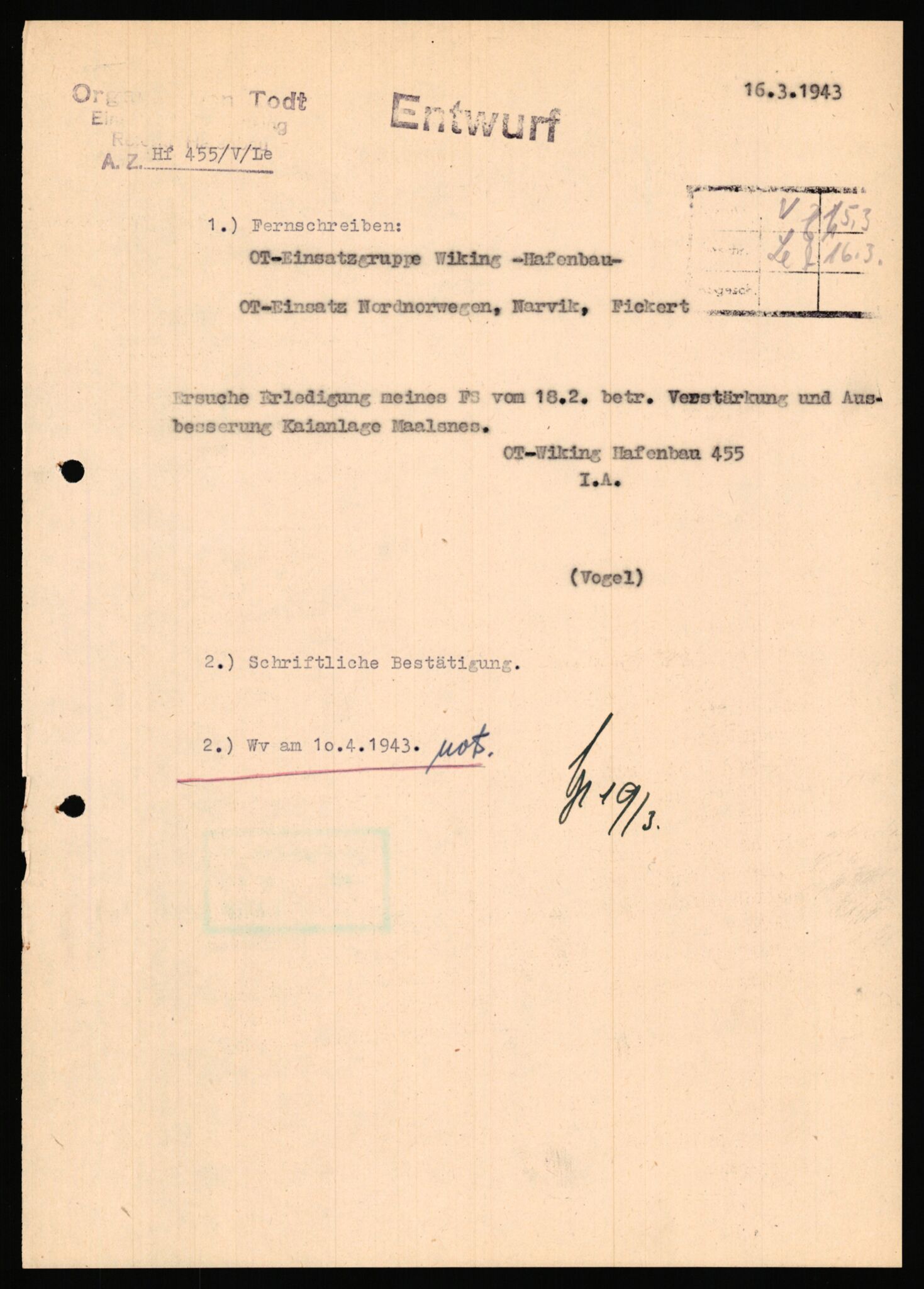 Tyske arkiver, Organisation Todt (OT), Einsatzgruppe Wiking, AV/RA-RAFA-2188/1/E/E6/E6a/L0008: 4. Oberbauleitung Narvik: Arkivkode 451-483, 1940-1945, p. 24