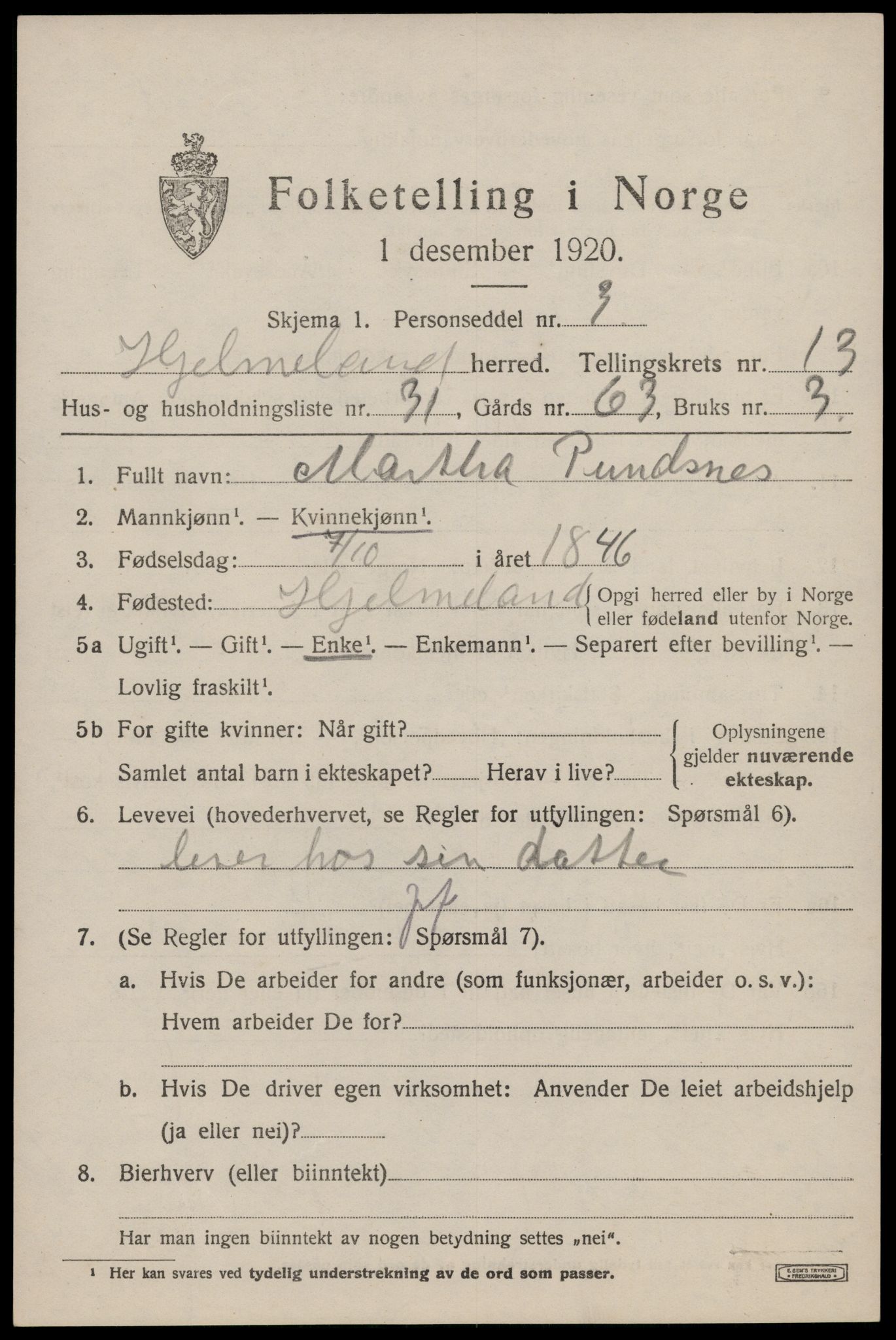 SAST, 1920 census for Hjelmeland, 1920, p. 4413