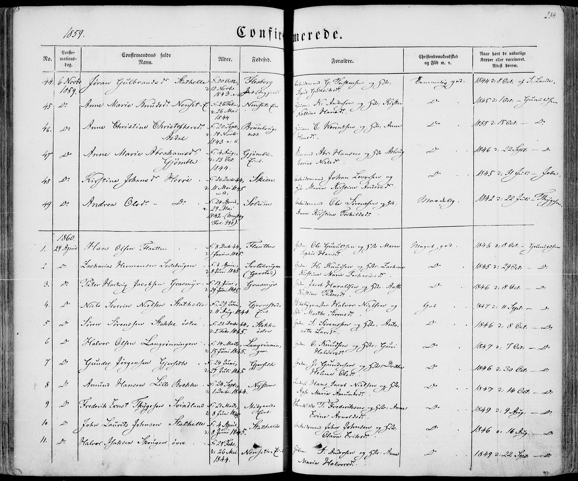 Bamble kirkebøker, SAKO/A-253/F/Fa/L0005: Parish register (official) no. I 5, 1854-1869, p. 234