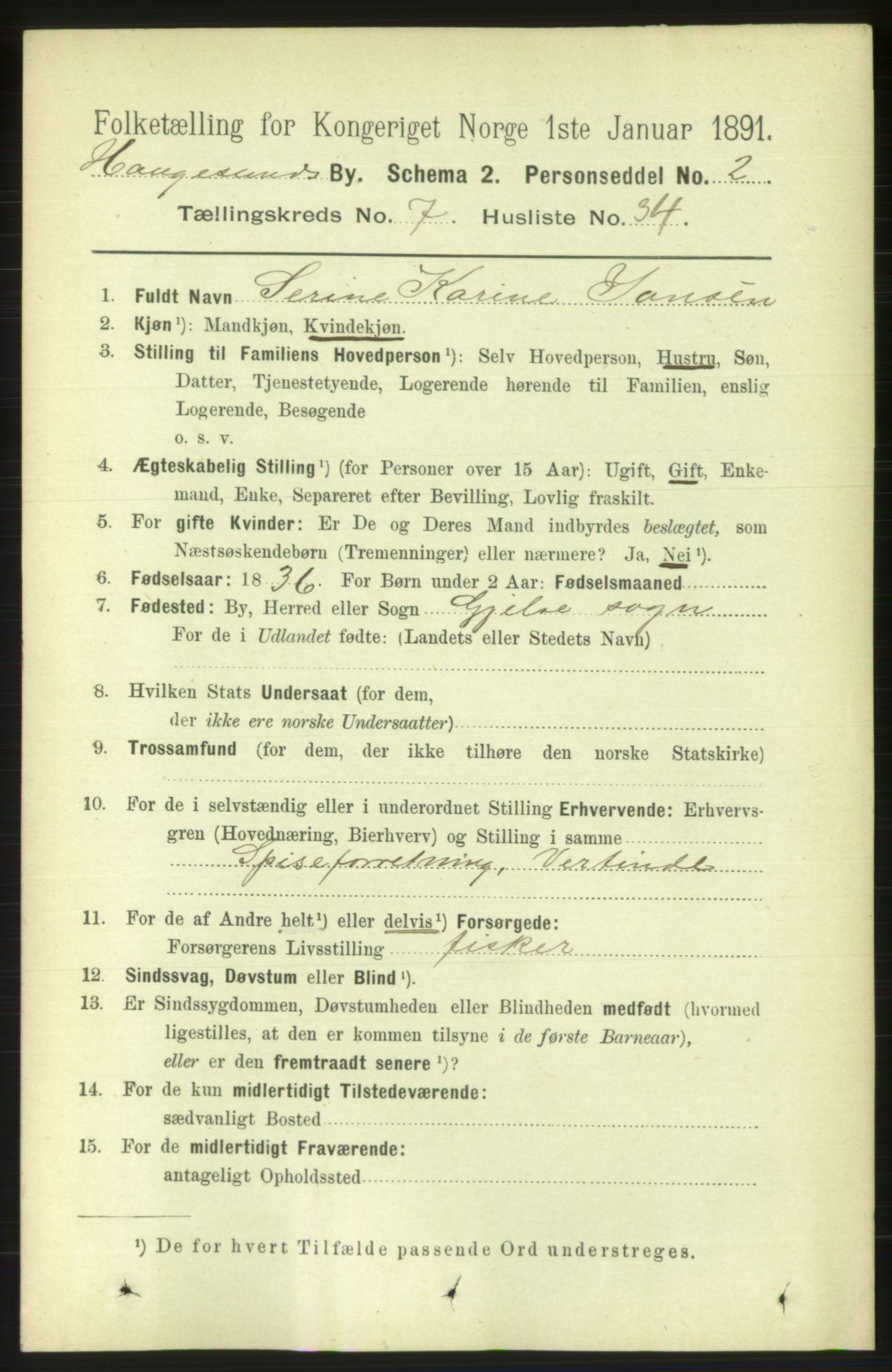 RA, 1891 census for 1106 Haugesund, 1891, p. 3464