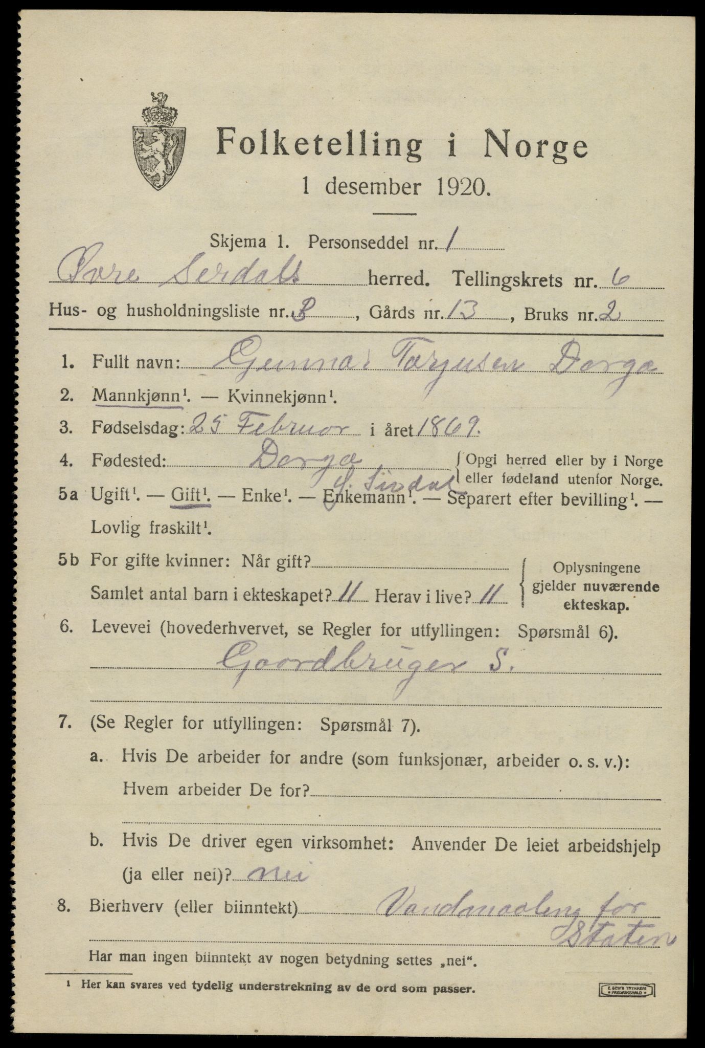 SAK, 1920 census for Øvre Sirdal, 1920, p. 1057