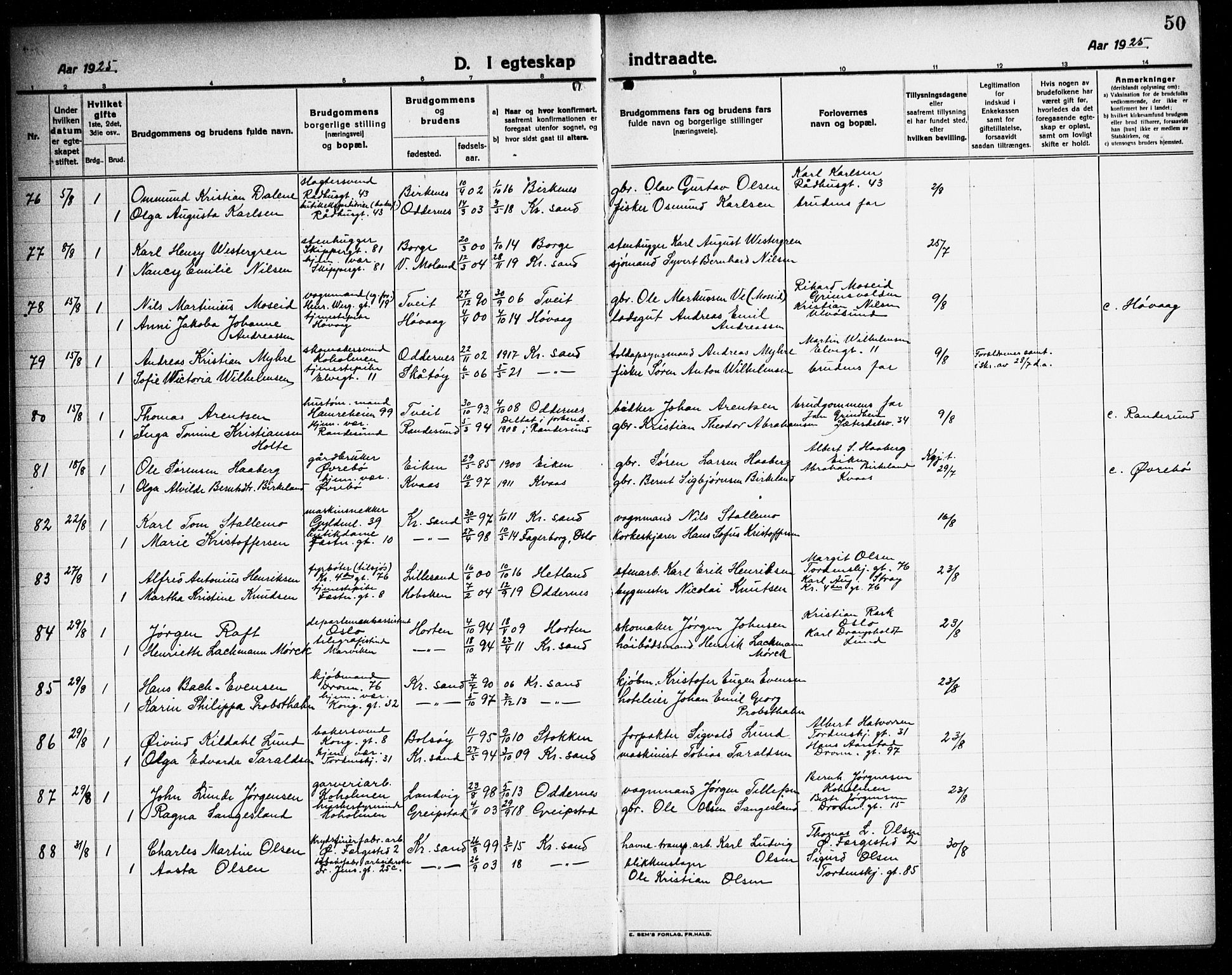 Kristiansand domprosti, AV/SAK-1112-0006/F/Fb/L0023: Parish register (copy) no. B 23, 1921-1937, p. 50
