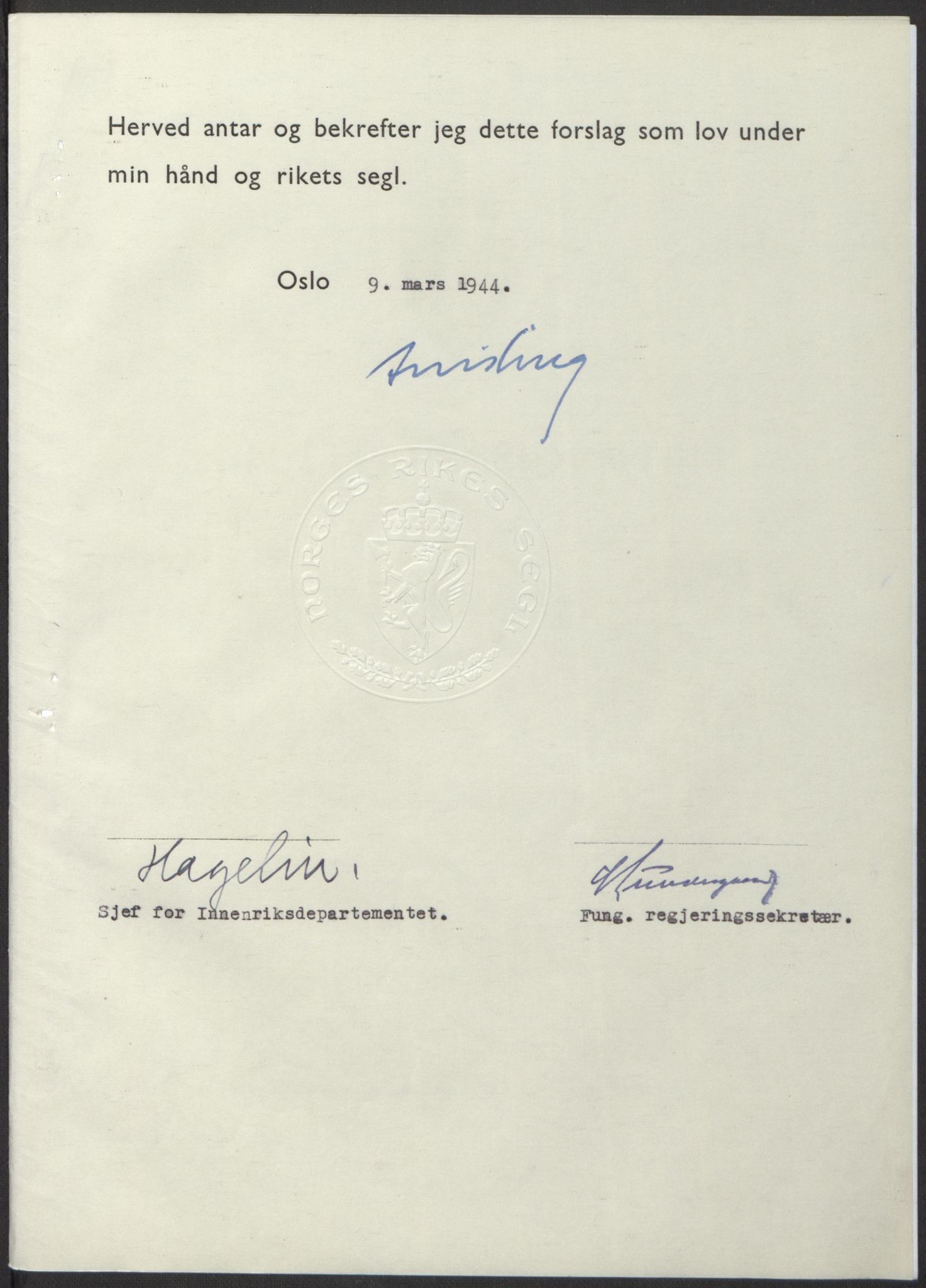 NS-administrasjonen 1940-1945 (Statsrådsekretariatet, de kommisariske statsråder mm), RA/S-4279/D/Db/L0100: Lover, 1944, p. 125